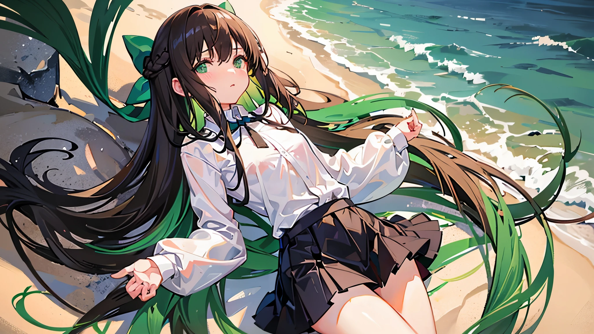 Brunette Girl, shyุ 25 ปี,  fit, light green eyes, long hair,Green braid tied in bows left and right..........small breasts, Wear a white shirt.......wet, Wear a black miniskirt....... From America...,(shy).....The background is a sandy beach..... Picture R18