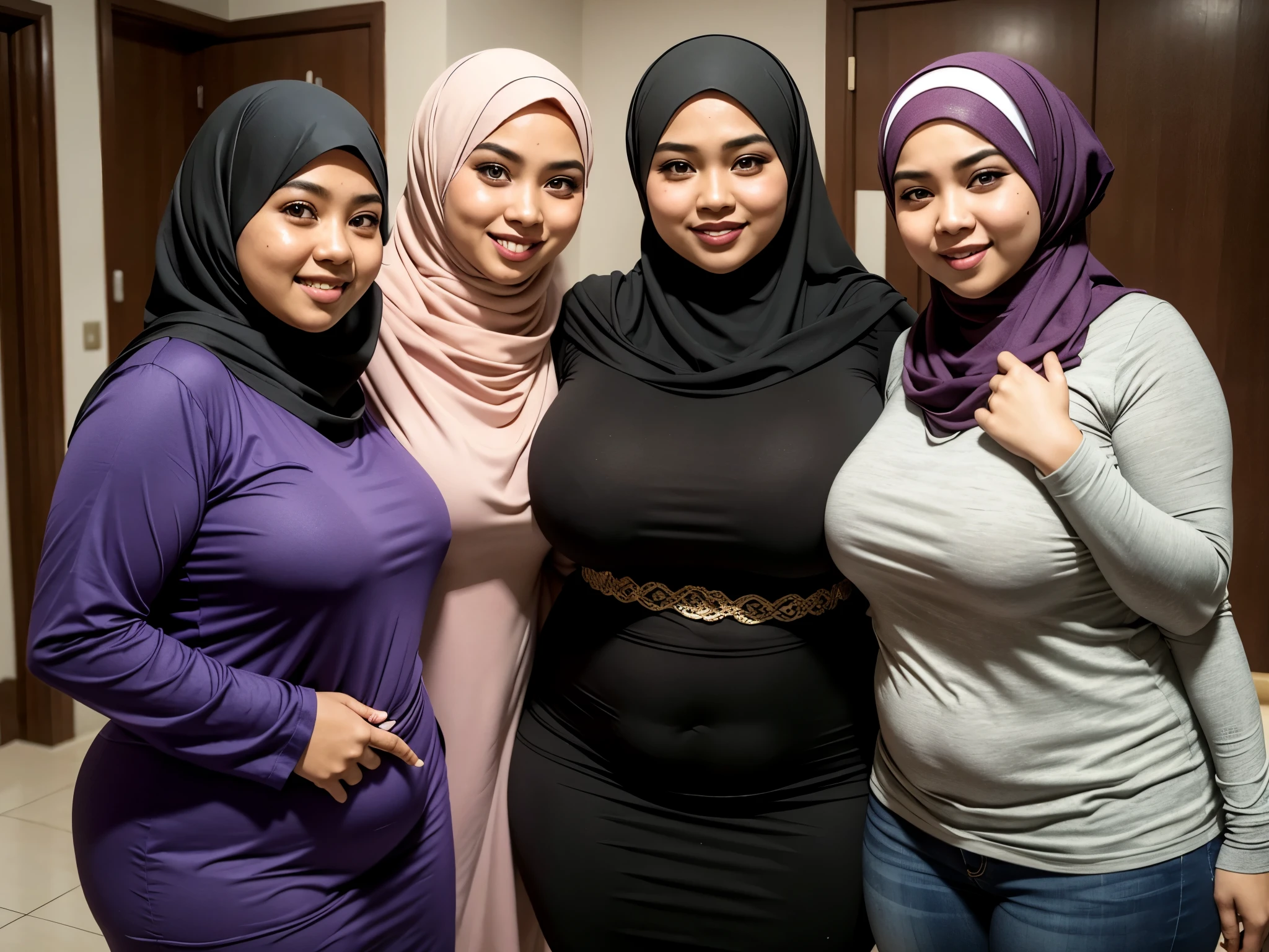 3 people Hijab girl, Indonesian beautiful girl, malaysia girl, bbw body chubby, with huge large massive size , tight shirt, smiling, blushing, in