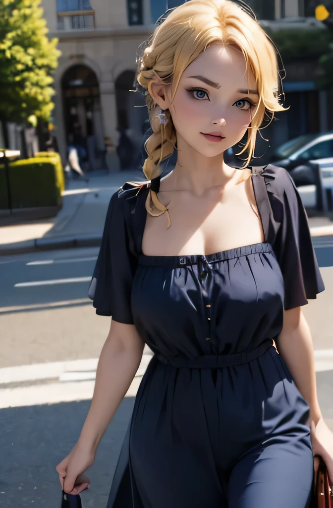 round face, cute casual dress, blond, braid, gate at corner of the park, smiling,