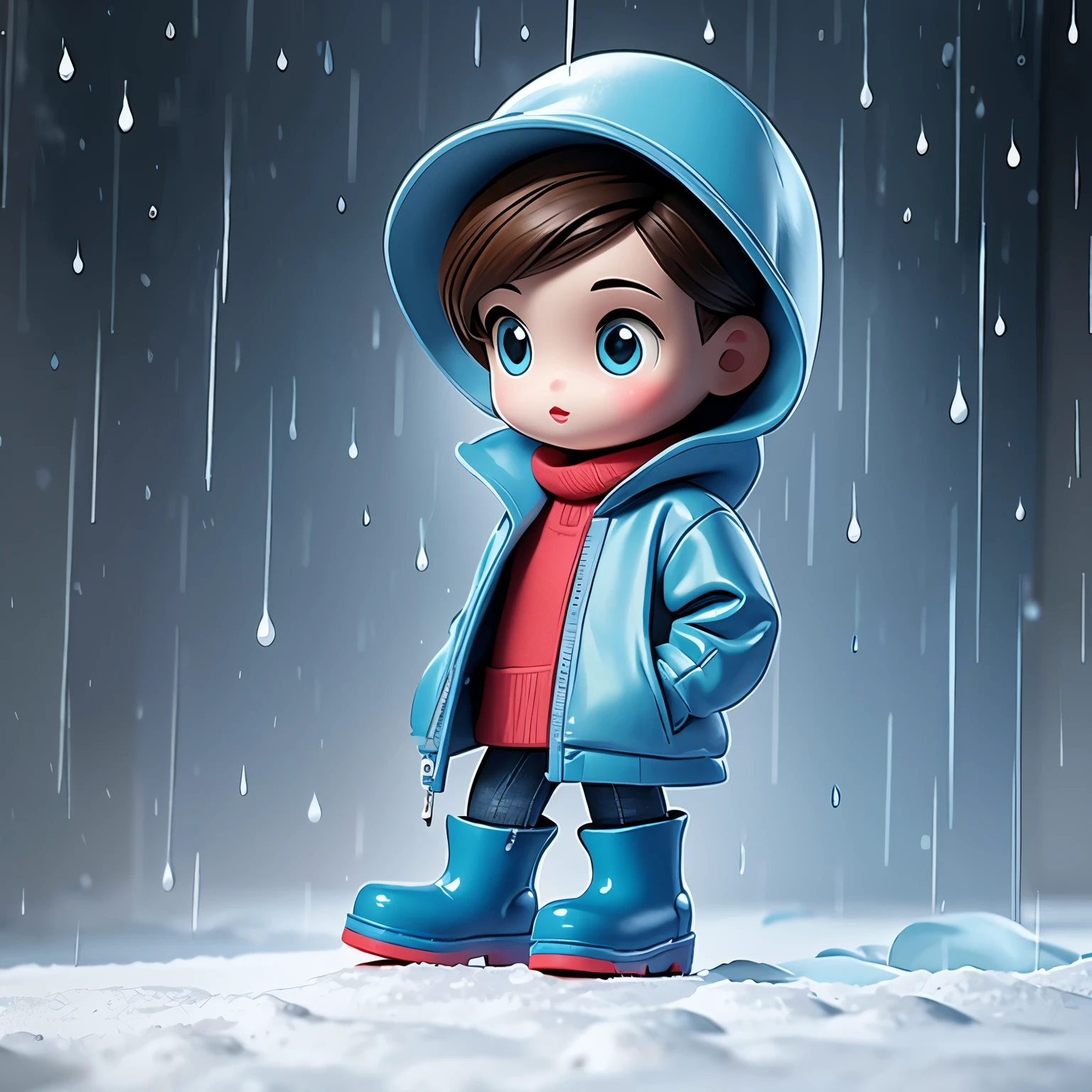 (masterpiece, best quality:1.2),micro landscape，outdoor on grass，heavy snow，1 miniature cartoon character, alone， hands in pockets，Wear a hat、wearing rain coat,Blue rain boots,  mini，Brilliant lights，outdoor background，colorful，