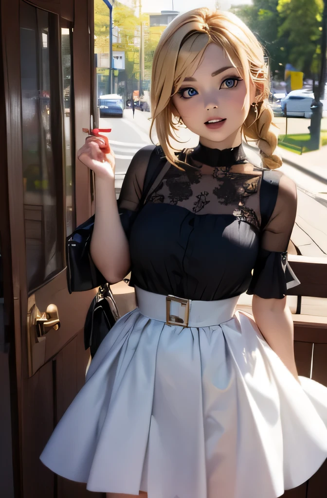 round face, cute casual dress, blond, braid, gate at corner of the park, smiling,