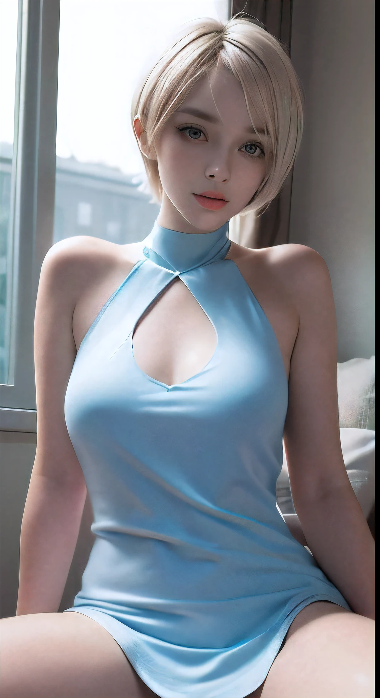 pixie cut, very short hair, ( face, virgin face,  masterpiece, High resolution, 8k, 1 girl, super detailed, fine skin, white skin, brighten the subject, movie light, beautiful face, fine eyes, lip gloss), (((detailed anatomy))), blonde hair, pixie haircut, dull bangs, very short hair, blue eyes, (slender body), (((big natural breasts))), photograph, (concentrate on upper body), cute lol face, looking at the viewer, white knit dress, naked neck, Bare shoulders and neck, blonde hair, pixie haircut, Silky Straight Hair, dull bangs, very short hair, lure, sitting on the bed, Spread her legs wide, Spread her legs wide, Spread her legs wide, pixie haircut, very short hair, very short hair,