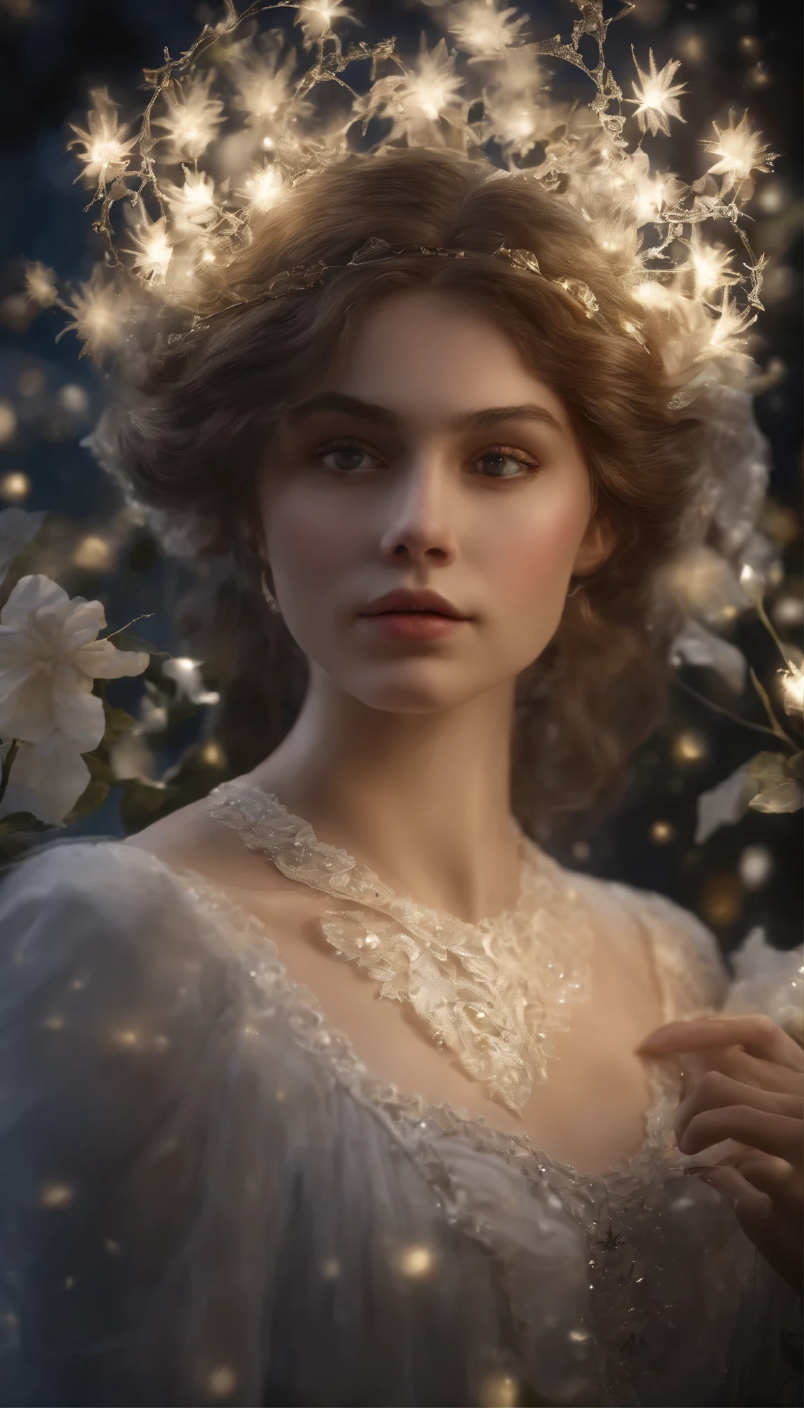 ((On a starry night,There's a tiny drop of firefly behind it)) It's a teenage girl hanging on a vine with dead leaves. The girl has black eyes and soft black long curly hair,wearing a white lace dress,White lace embroidered dress with sparkling round diamond drops sewn on, There's a sparkling comb in her hair. Artist Mary Jurgens, Star Nitz 90, Theo James, Square Enix Images, Ubisoft Pictures