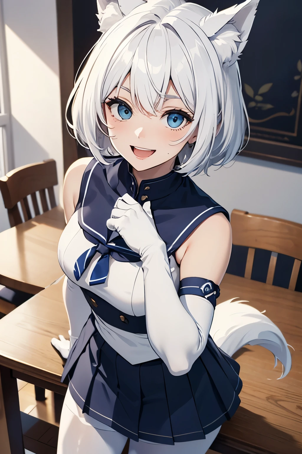 table top　High level image quality　best image quality　8k　 adult woman　portrait　white long gloves（elbow gloves）　white pantyhose　sailor suit（sleeveless）　navy blue mini skirt　white wolf ears　short hair（（shortcut）（pure white hair）（perm）（fluffy））　eye color is blue　attractive face（（laughter）（smile）（open your mouth））　beautiful feet　Are standing