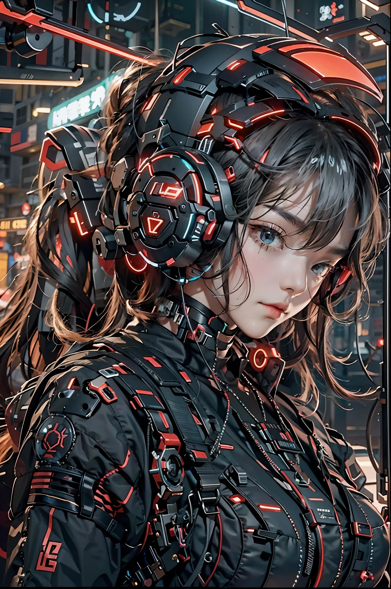 best quality,masterpiece,16k,1girl,Cyberpunk,headset,Mechanical earphones,Luminous earphones,Full body dark red and black mecha,Technological background,cable ,Complex mechanical microphone on both cheeks,A mechanical neck guard with complex structure emitting light,Oblique side close-up,High brightness contrast,Close ups,Complex mechanical mecha,Multi light source mecha,indoor,night,Background of mechanical equipment