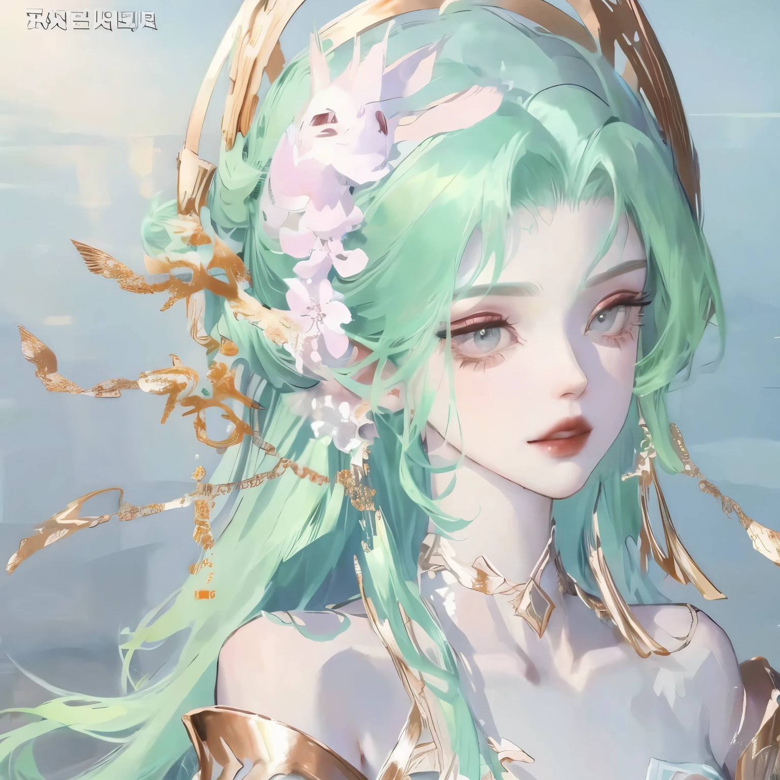 With pink flowers on the head，no loose hair，All tied up neatly，Green gem fringe hair accessories hang naturally to both sides, green earrings，Hanfu, one shoulder，Arms wrapped in gauze，charming eyes，Korean makeup，Smile，Show collarbone，Lotus anthropomorphic，The demon incarnated as a lotus flower, Wearing ancient Chinese clothes,tie up all your hair，Oiran，Brow line、Wearing pink gauze，Close-up of doll in green dress, palace ， A girl wearing Hanfu, ancient chinese princess, Hanfu, one shoulder，Show collarbone，Queen of China, Wearing ancient Chinese clothes, Gurwitz&#39;s masterpiece, Matches ancient Chinese costumes, Inspired by Uemura Pine Garden, heise jinyao, detailed picture
