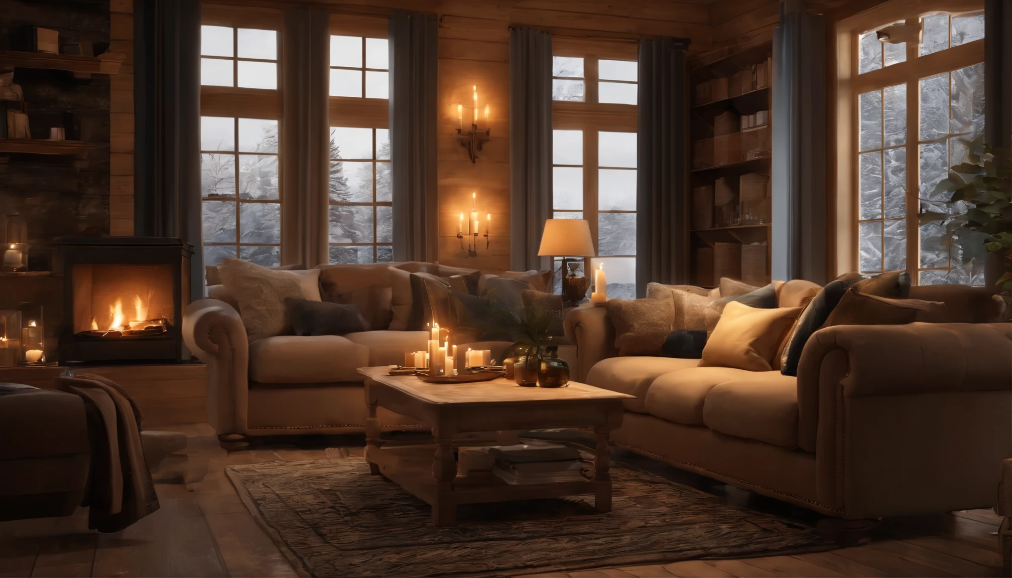 a living room filled with furniture and a fire place, cozy wallpaper, cozy place, cozy environment, cozy and peaceful atmosphere, cozy home background, cozy and calm, cozy atmospheric, cozy room, cozy atmosphere, cosy vibes, relaxing environment, cosy atmoshpere, comfy ambience, relaxing atmosphere, snowy night, cozy setting, cozy candlelight, heavy winter aesthetics