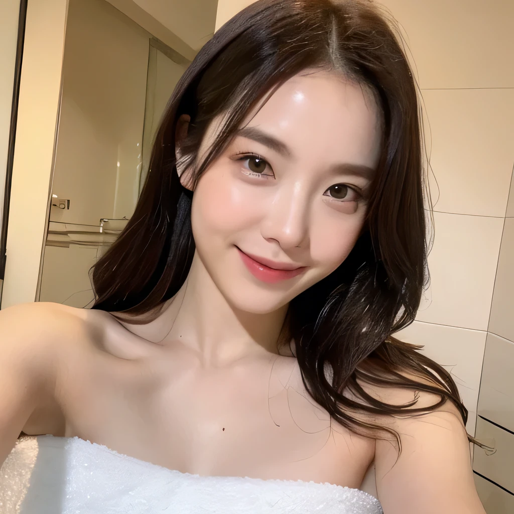 ((highest quality, 8k, masterpiece: 1.3)), sharp focus: 1.2, beautiful woman with perfect figure: 1.4, slim abs: 1.2, Cover your chest with a bath towel、 whole body、Abs are visible、(layered hairstyles,: 1.2)), (naked、completely naked: 1.3), dark room: 1.3, shower room: 1.2, wet body: 1.1, night、 Highly detailed face and skin texture, fine eyes, double eyelid, big breasts, smile, I'm crying happy tears、Show your collarbone、beautiful clavicle、wrapped in a bath towel、