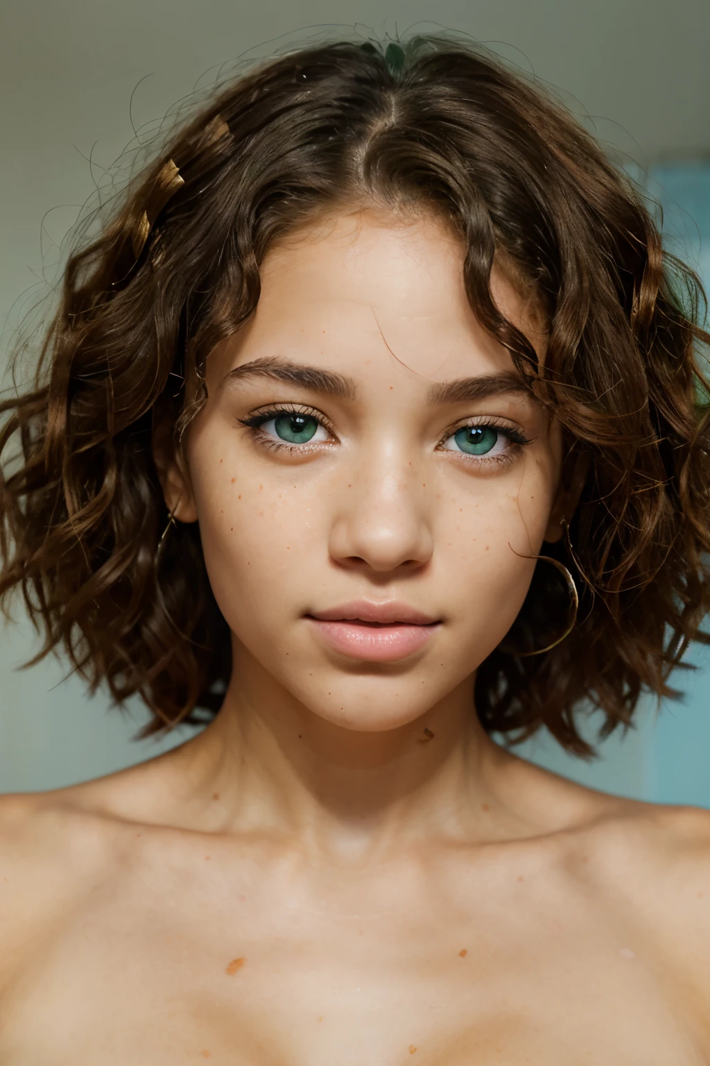 Generate a realistic portrait of a lightskin woman with curly hair. She has light blue eyes on the left and green eyes on the right, with delicate freckles scattered across her nose and cheeks."