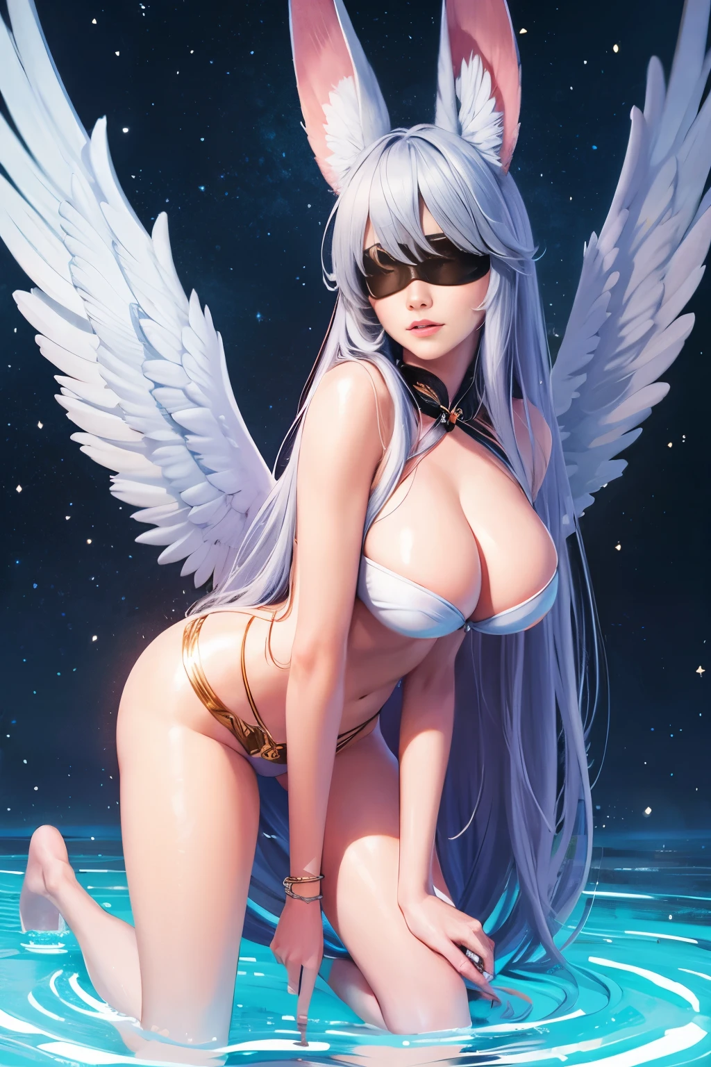 (Best quality at best,4K,8K,A high resolution,tmasterpiece:1.2),ultra - detailed,(actual,realisticlying,Photorealistic:1.37),Angel Beast,Blindfold,feather ears,full body,Colossal tits