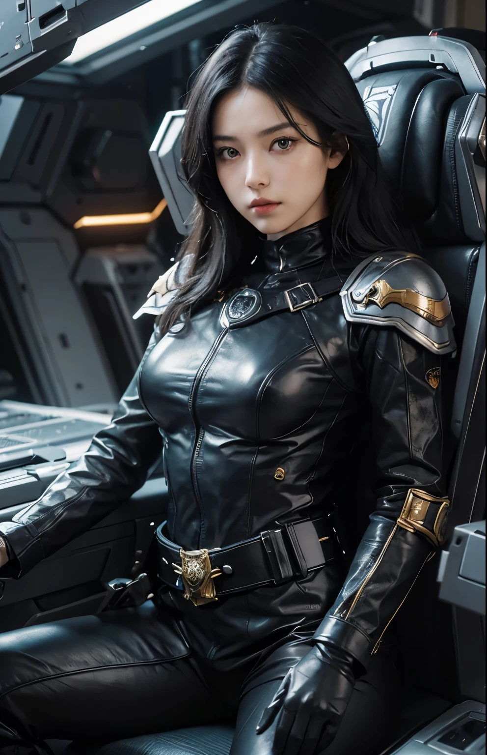 Upper body close-up image.A beautiful woman is sitting in the command seat of a space battleship with her arms folded. The command seat is covered in leather and has a very luxurious structure. The woman has black hair and wears black metallic combat uniform. On his waist is something reminiscent of Kamen Rider's transformation belt. The woman's age is twenty-five.