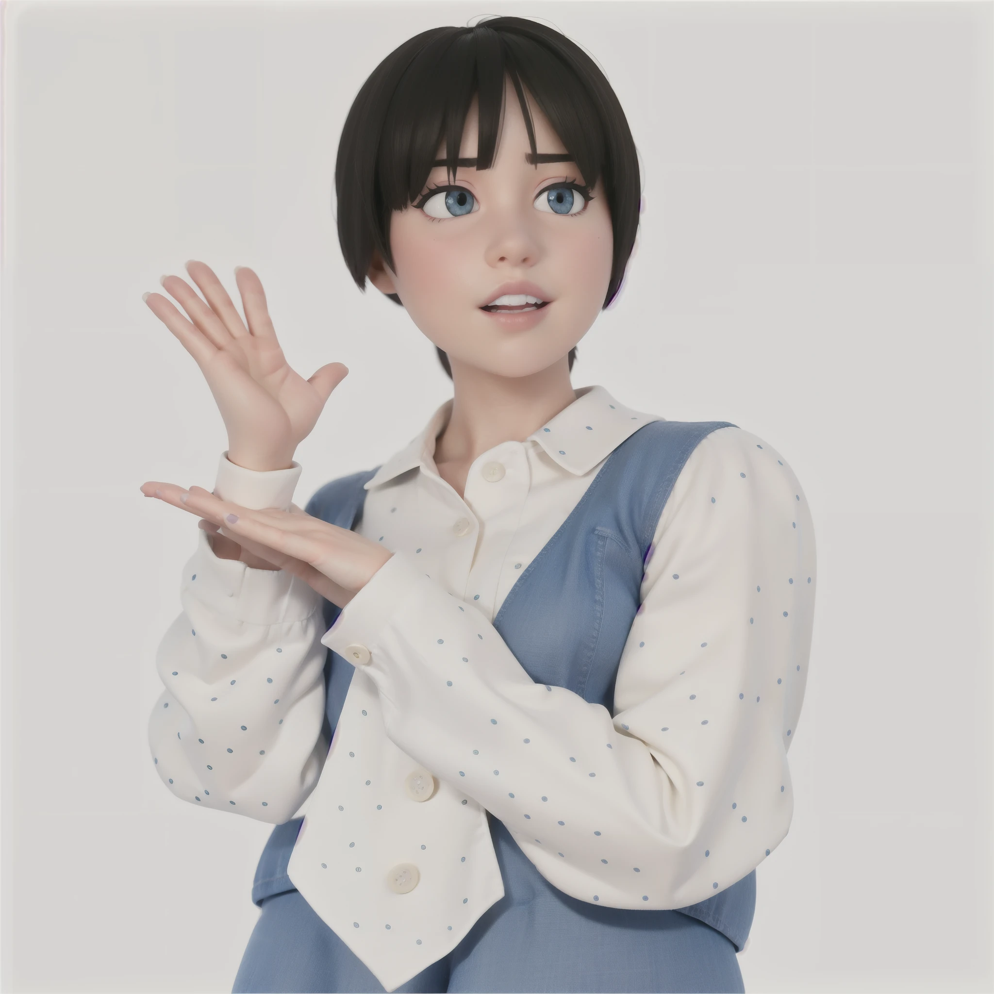 3d character, cg character, pixar style, woman in blue dress with polka dot shirt and white shirt, ad image