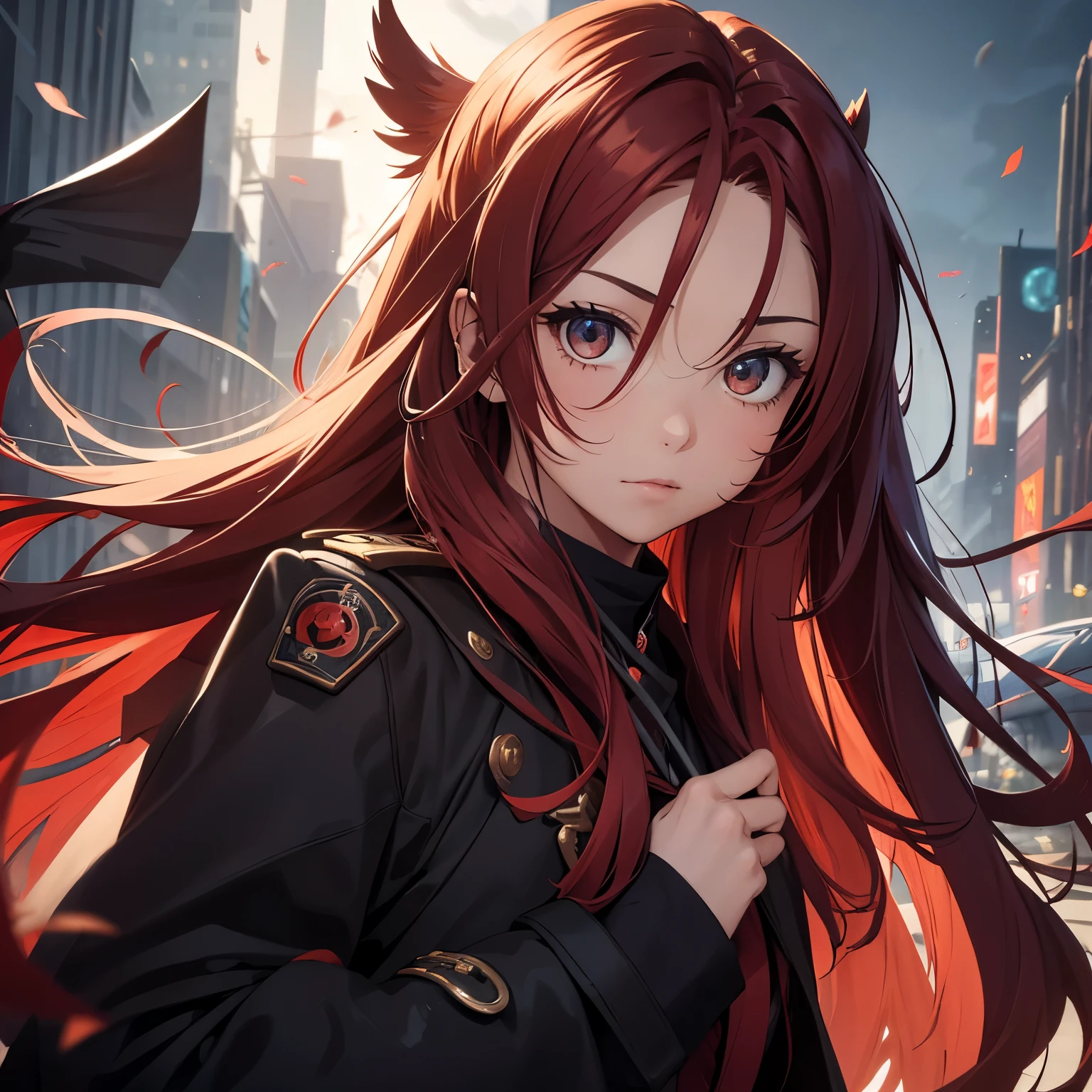 Woman, red long hair, messy hair, Brown eyes, light in eyes, woman's overcoat, blue katana, uniform clothes, dark city broken background, raised locks of hair style, mini pig with 4 little wings floating on the side with funny face