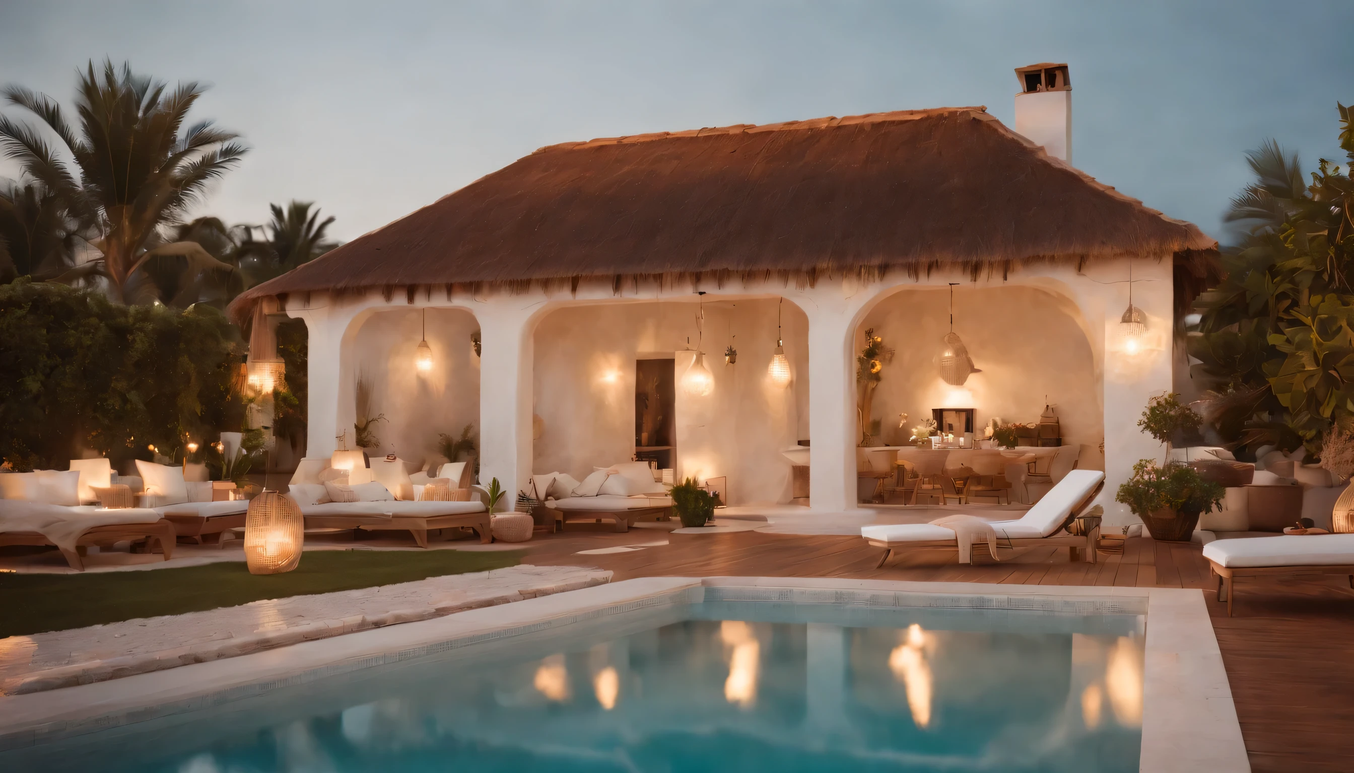 commercial photography, real shoot, movie, Photoreal.
Stylish seaside cottage with infinity pool.
The terrace is decorated with candles.
white and beige interior. Delicious-looking food and drinks are lined up on the poolside table..
there's no one here. The sunset is dazzling.