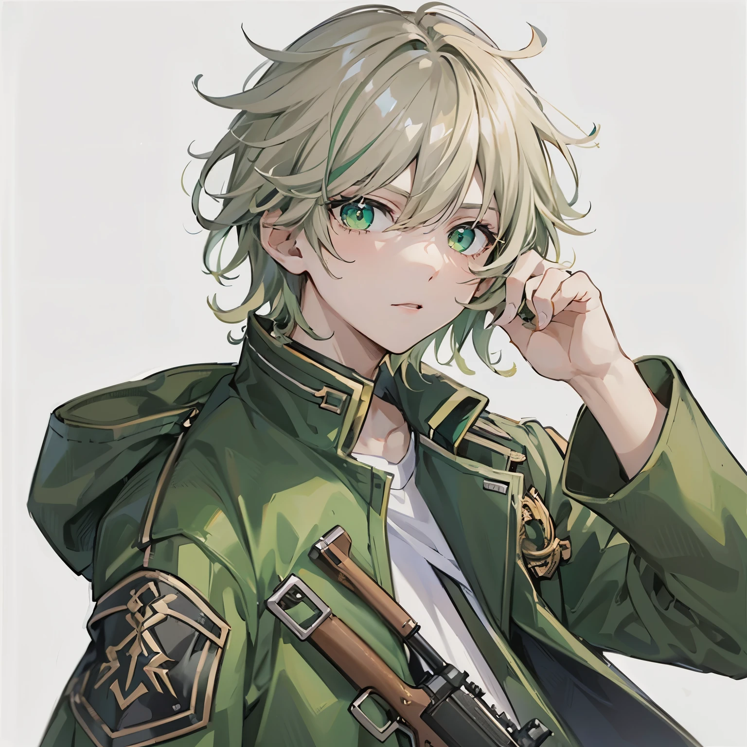 1boy, anime, wavy_medium_hair, bangs, dark_blonde_hair, white_t_shirt, green_field_jacket, green_eyes, mauser_rifle, white_background, looking_at_viewer