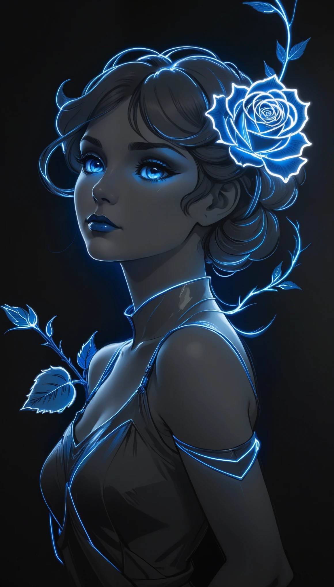 (Pencil_Sketch:1.2, messy lines, greyscale, traditional media, sketch),[[[artist by mucha]]]，On a dark background, blue electric charges form a stylized silhouette of a electric girl  rose , bioluminescence