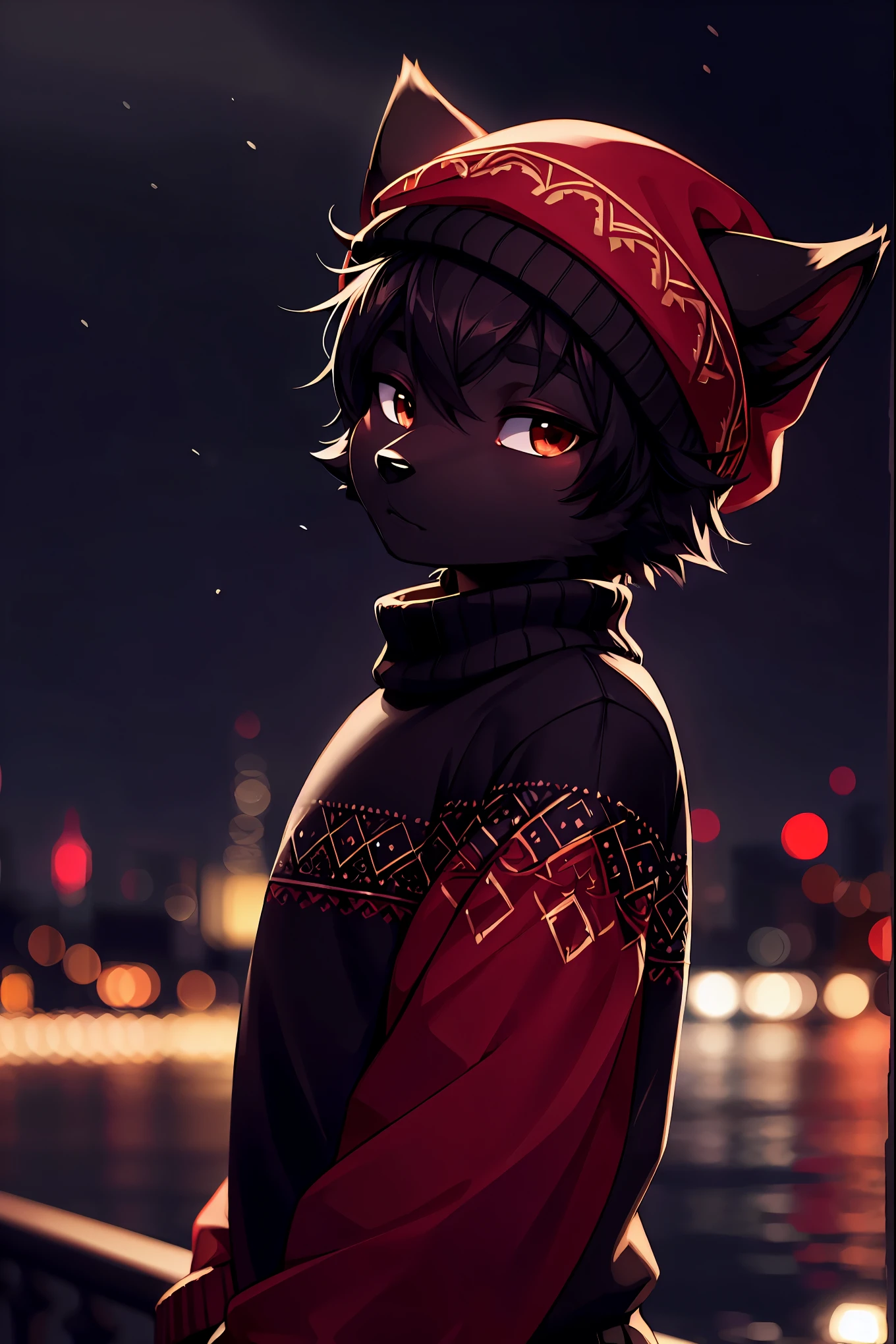 (masterpiece), beautiful, highly detailed, 8k uhd, intricate details, best quality, HD, body fur, two tone fur, black fur and red fur and skin, short hair, 1boy, black (sweater), shadow cap, night, blurry night city background, fov, looking at side, upper body