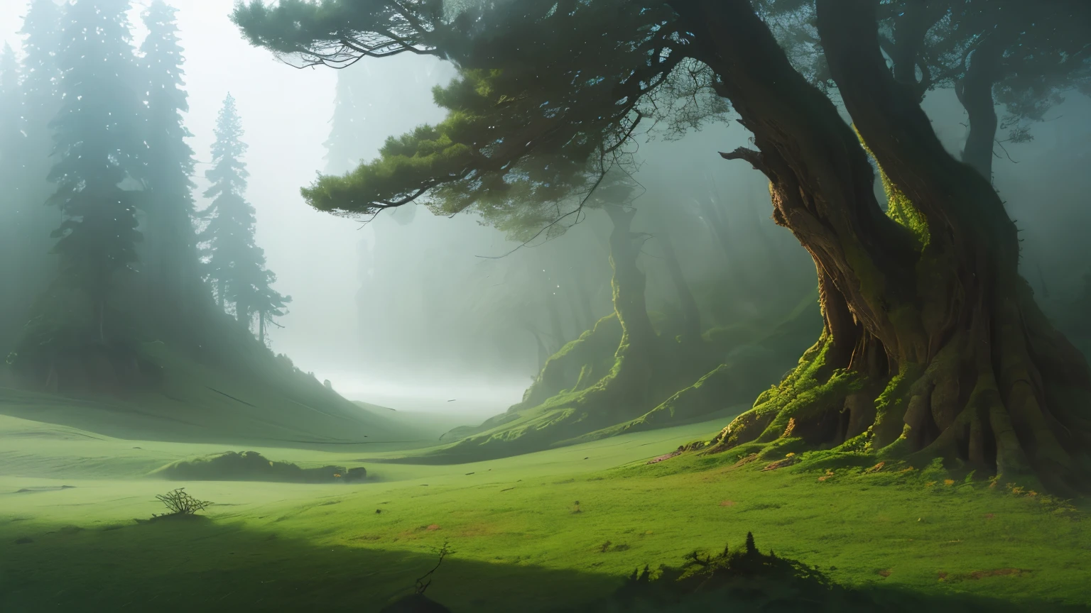 Enveloping the valleys like a shroud, a mesmerizing mist dances with an otherworldly allure. Within the opaque haze, ancient trees' twisted forms loom, their gnarled branches reaching towards the sky. In this exquisite painting, the fog exudes a mystical essence, its soft edges blending seamlessly with the lush, verdant landscape. The intricate play of light and shadow adds depth to the scene, making it a truly captivating and immersive visual experience.