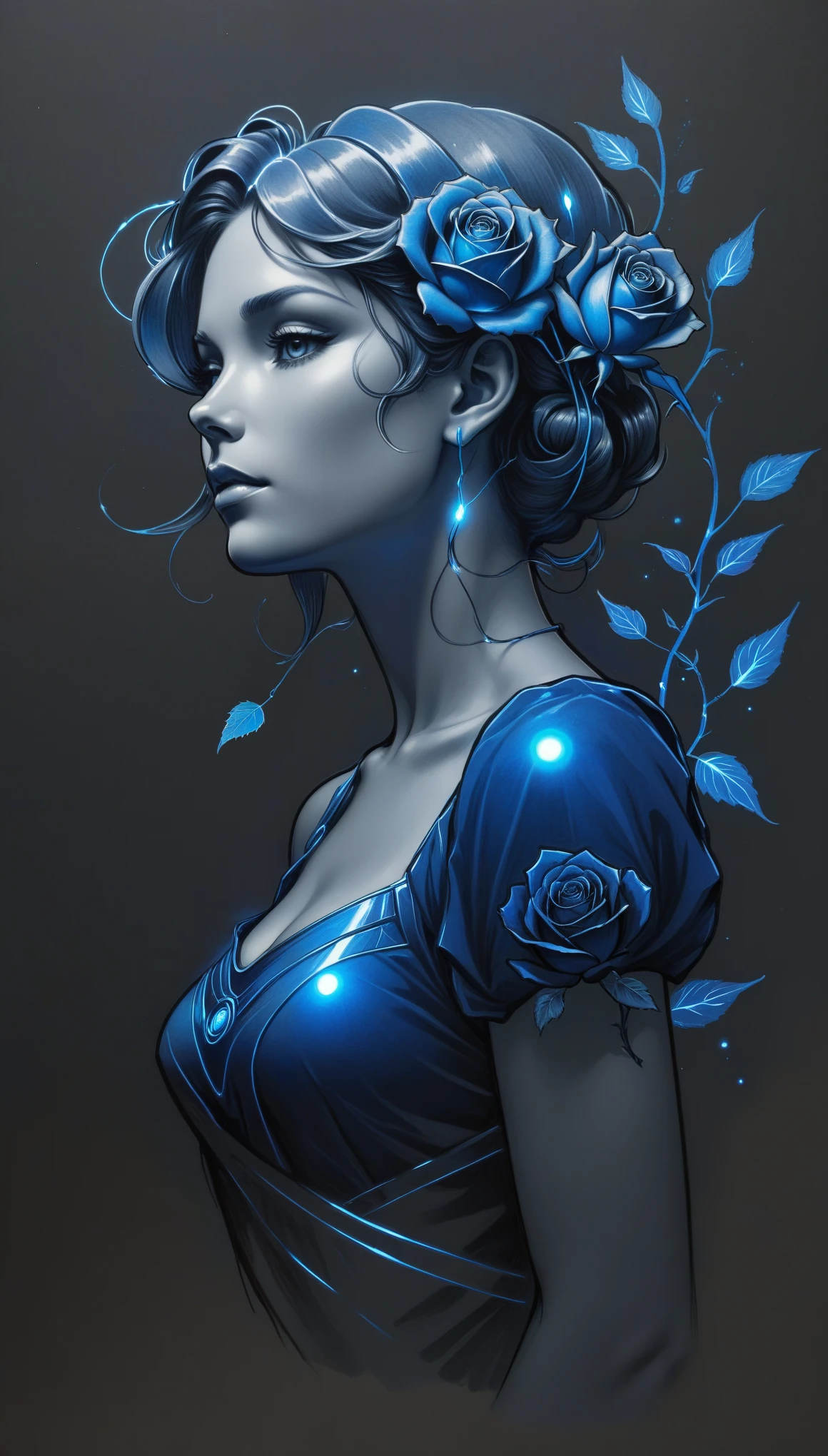 (Pencil_Sketch:1.2, messy lines, greyscale, traditional media, sketch),[[[artist by mucha]]]，On a dark background, blue electric charges form a stylized silhouette of a electric girl  rose , bioluminescence