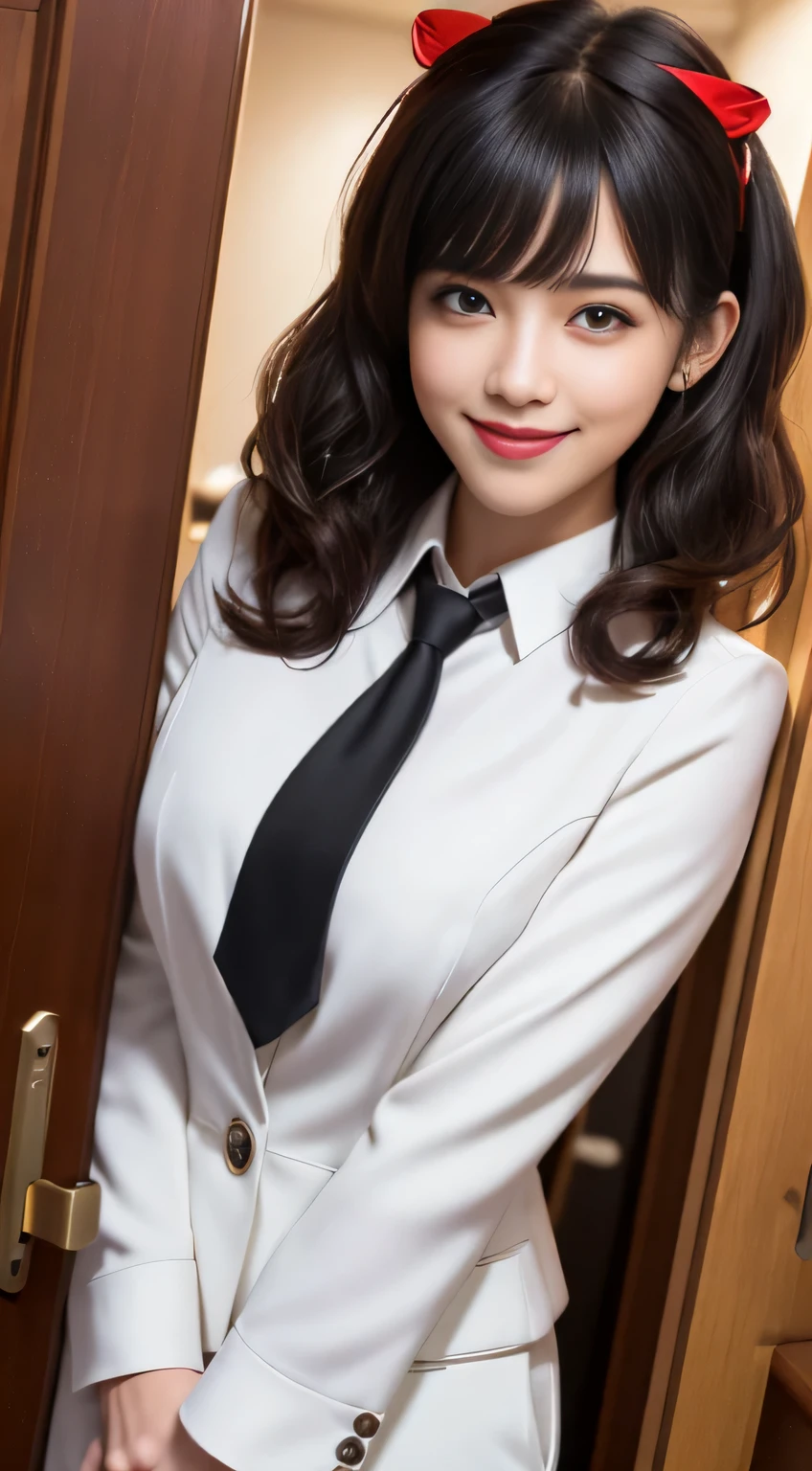 masterpiece,best qualtiy,ultra - detailed,epic lighting,cinematic compositions,isometry,1girl,smile,solo,adorable,Black eyes,Black color hair,bangs,red hair clips,blouse with a white collar,black necktie,Black pantsuit,Professional Dress,captivating posture,inside in room,office room,Open the door,looking at viewer,peeking out upper body,Be red in the face,seductive smile,(8K:1.1),