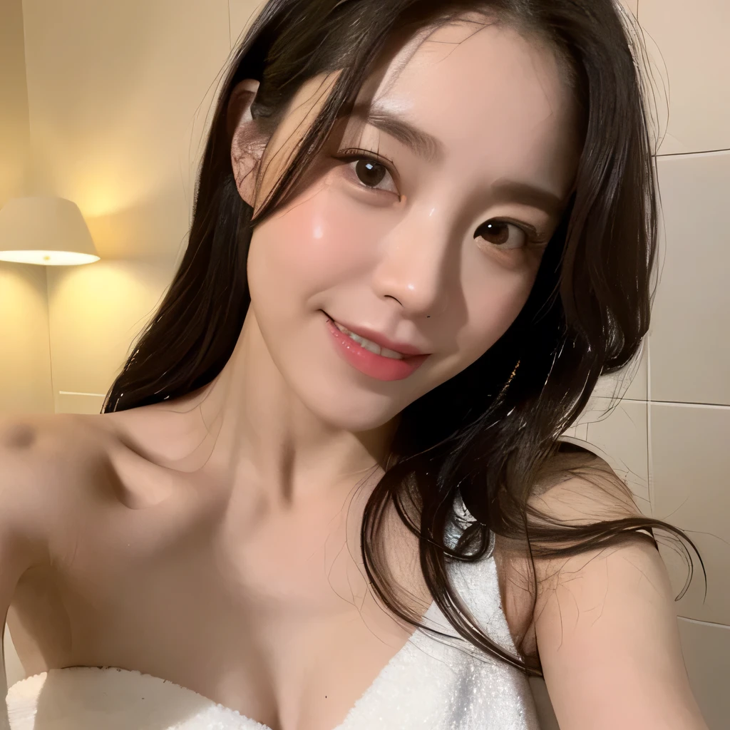 ((highest quality, 8k, masterpiece: 1.3)), sharp focus: 1.2, beautiful woman with perfect figure: 1.4, slim abs: 1.2, Cover your chest with a bath towel、 whole body、Abs are visible、(layered hairstyles,: 1.2)), (naked、completely naked: 1.3), dark room: 1.3, shower room: 1.2, wet body: 1.1, night、 Highly detailed face and skin texture, fine eyes, double eyelid, big breasts, smile, I'm crying happy tears、Show your collarbone、beautiful clavicle、wrapped in a bath towel、