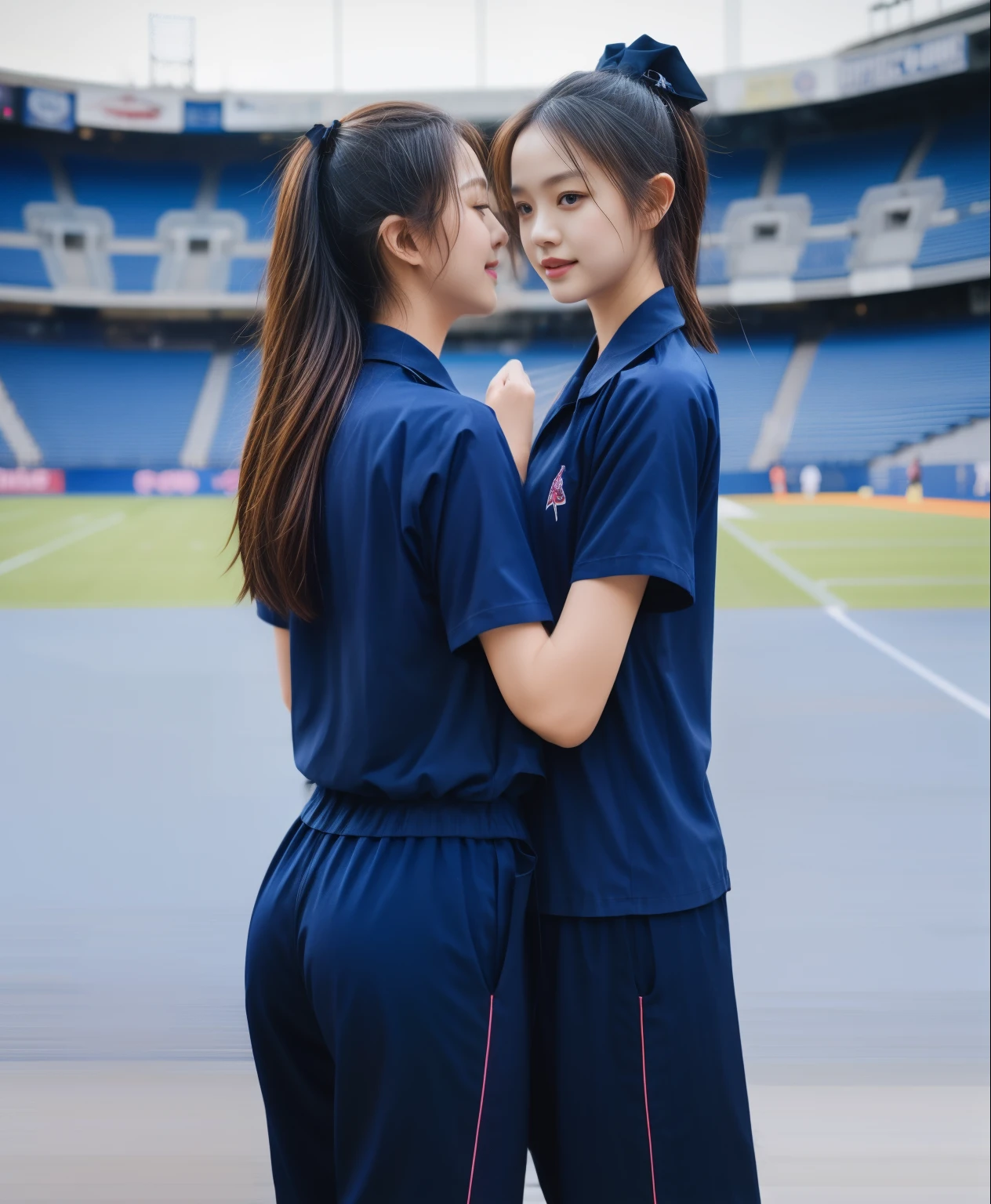 (best quality,10,10,height,Masterpiece:1.2),Special details,(realistic,ภาพrealistic,Realistic photos:1.37),1 cute girl on the football field,shiny, ผิวshiny,only,smile softly,BDclothelue shirt:1.3)),short sleeve,shirt, กางเกงขาlong.,(navy_long_track pants:1.1), ((stadium background:1.3)),Dynamic angle,excited,Face focus,dynamic poses,from behind,focus on ass,Masterpiece, best quality, ultra realistic, hyper-detail, 8K resolution, raw photos, Sharp focus, ((Navy blue shirt:1.1)), short sleeve, เส้นทางlong, perfect body, 2 mature women, 18 years old, Cinema-grade lighting system,blue sweatpants,shirtผ้าออกกำลังกาย,correct anatomy,perfect body, correct body, Sharp face, correct bodyทางกายวิภาค, full body, realistic gestures, long-haired, realistic poses,Wear long shorts................................,ช่วงขาlong,Good shape,carved girl, Slender figure, model, Good shape, beautiful body,blue sweatpants, two girls kissing