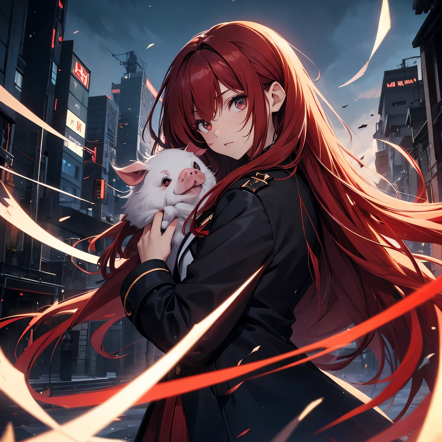 Woman, red long hair, messy hair, Brown eyes, light in eyes, woman's overcoat, blue katana, uniform clothes, dark city broken background, raised locks of hair style, mini pig with 4 little wings floating on the side.