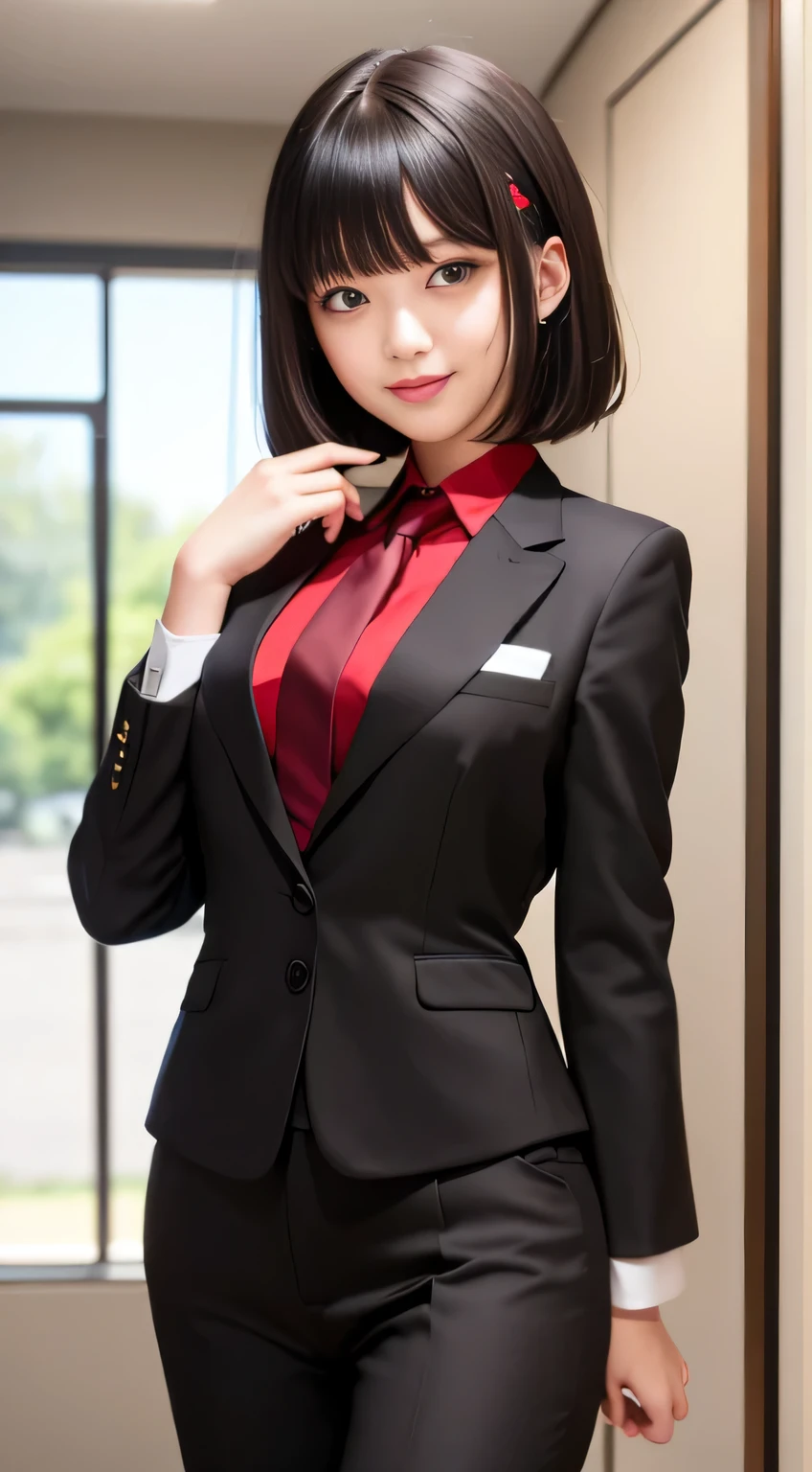 masterpiece，best qualtiy，ultra - detailed，epic lighting，cinematic compositions，isometry，1girl，smile，solo，adorable，Black eyes，Black color hair，bangs，red hair clips，blouse with a white collar，black necktie，Black pantsuit，Professional Dress，captivating posture，inside in room，office room，Open the door，looking at viewer，peeking out upper body，Be red in the face，seductive smile，(8K:1.1),