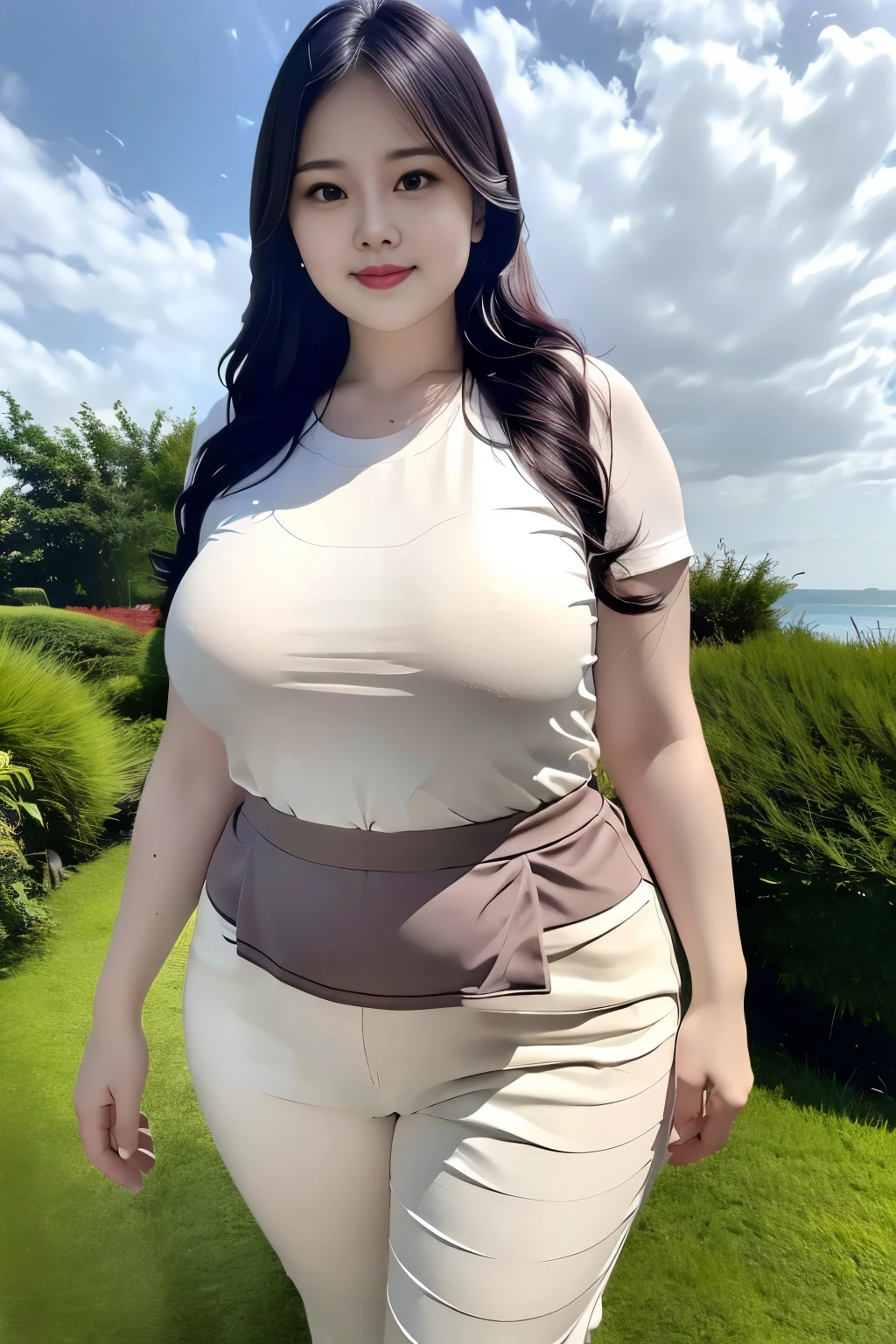 ((top quality、8k、masterpiece:1.3))、sharp focus, High level of image quality, high resolution，Draw lips correctly, red lipstick, from chest up, best quality, Super detailed, lifelike, Super fine skin, perfect anatomy, (Chinese women), (alone)Red crew neck shirt，short sleeve，gray pants，。40 year old female，adult，charming smile，Chubby face，Round cheeks， ，Fat face，Chubby round face，big eyes，wavy long hair，Big breasts，Chubby body，black shoes，Leg length，Calves visible，stand，stand up，beach background