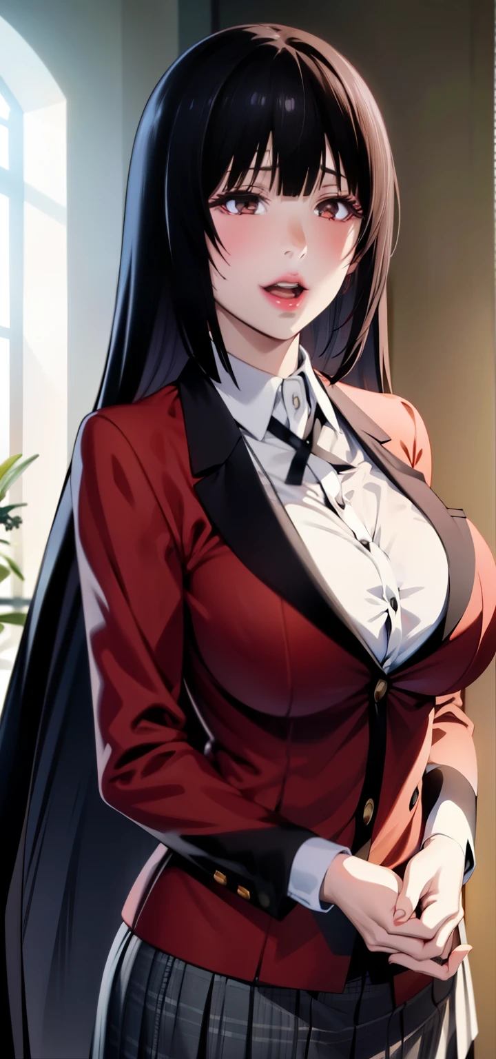 Yumeko Jabami , 1 female，long legs, thin waist， photo exposure，solo,((school uniform, Red blazer with black trim on cuffs and collar lining, White button-up dress shirt and black tie, Black and gray plaid miniskirt, black tights, and brown loafers ))，Seen from the front， （Highly detailed CG integrated 8k wallpaper），highest quality，beautiful eyes，（Beautiful and detailed eye depiction），red lip，skin as white as snow,towards the camera，High resolution，super detailed，big breasts， 1 female，18-year-old，Seen from the front，（Highly detailed CG integrated 8k wallpaper），highest quality at best，movie lighting，Detailed background，beautiful and delicate eyes，（very delicate and beautiful），（Beautiful and detailed eye depiction），super detailed,towards the camera，High resolution，super detailed，camel&#39;s toe color，