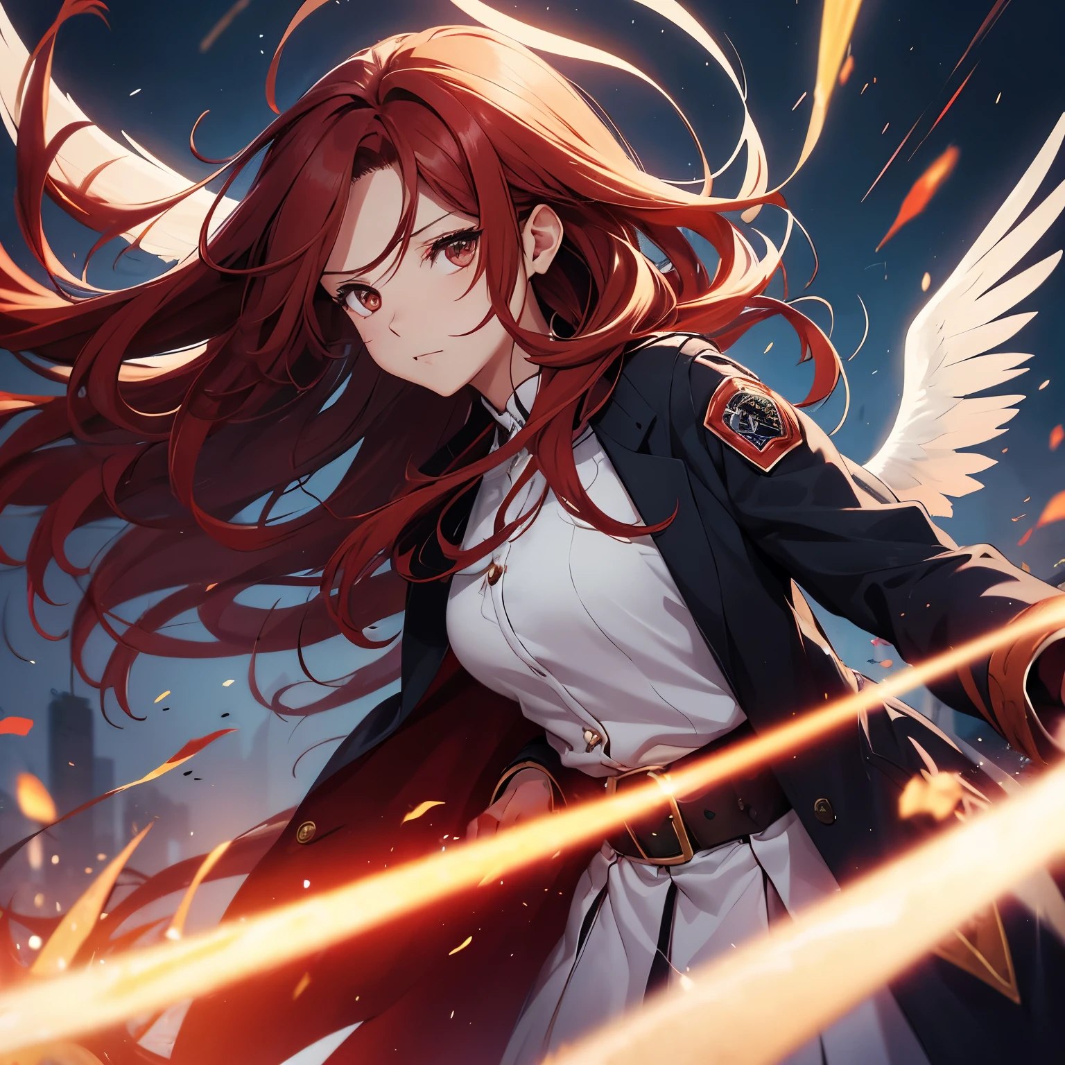 Woman, red long hair, messy hair, Brown eyes, light in eyes, woman's overcoat, blue katana, uniform clothes, dark city broken background, ((raised locks of hair style)), mini pig with wings floating on the side.