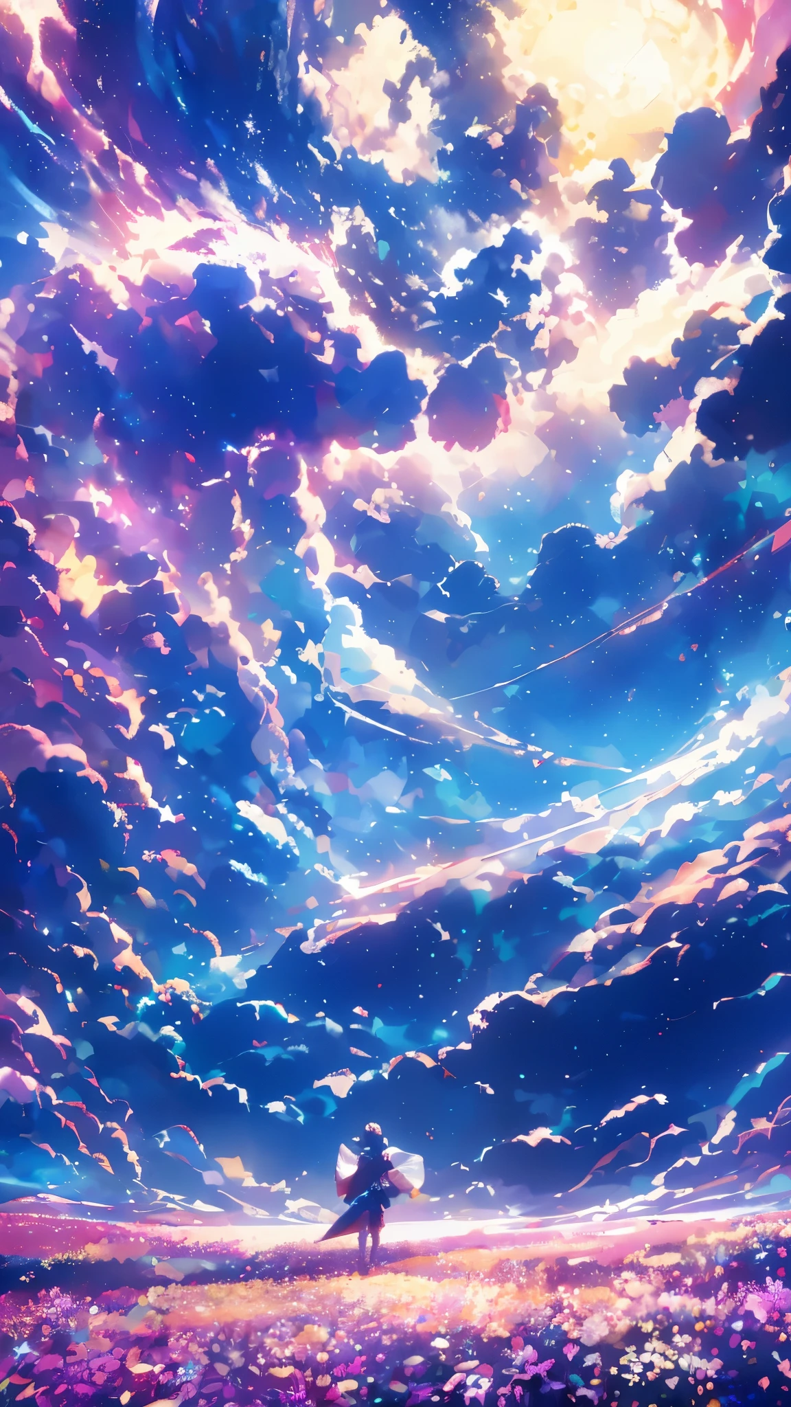 Expansive landscape photograph,(look from down,Above is the sky,Below are open fields),A boy standing on a flower field looking up,(moon full:1.2),(meteors:0.9),(Starcloud:1.3),(Warm light source:1.2),(glowworm:1.2),rainbowing,lamp lights,Lots of purple and orange,Complicated details,Volumetric lighting BREAK(tmasterpiece:1.2),(best qualtiy),4k,ultra - detailed,(dynamic compositions:1.4),detail-rich,plethora of colors,(Irridescent color:1.2),(with light glowing,Atmospheric lighting),dream magical,magical,(solo:1.2)