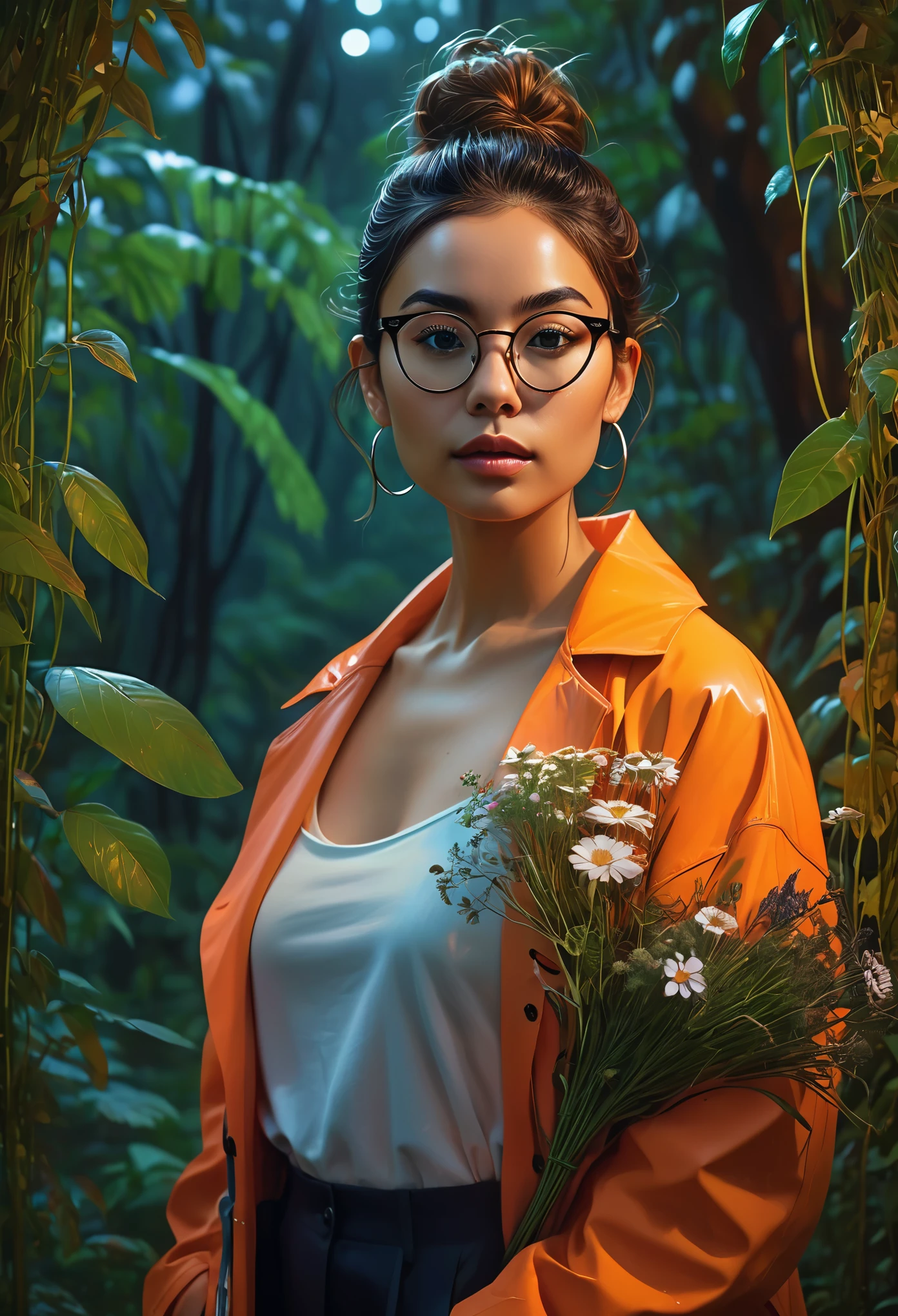 (front view, full body shot photo of the most beautiful artwork in the world featuring a beautiful modern female), Young and beautiful doctor dressed in a coat made of natural fabrics, with bunches of herbs and flowers in the pockets, sexy eyeglasses, intelligent but exciting look, ((mixed race woman)), sexy, big eyes, (symmetrical hoop earrings), (fantasy forest futuristic look), (neon lights), night, slow motion, (symmetrical), (reflections), orange raincoat, ((intricate detail)), nostalgia, ((heart professional majestic oil painting by Ed Blinkey)), Atey Ghailan, Studio Ghibli, by Jeremy Mann, Greg Manchess, Antonio Moro, (trending on ArtStation), trending on CGSociety, ((Intricate)), ((High Detail)), (8K), Sharp focus, dramatic, stunning god rays, photorealistic painting art by midjourney and greg rutkowski