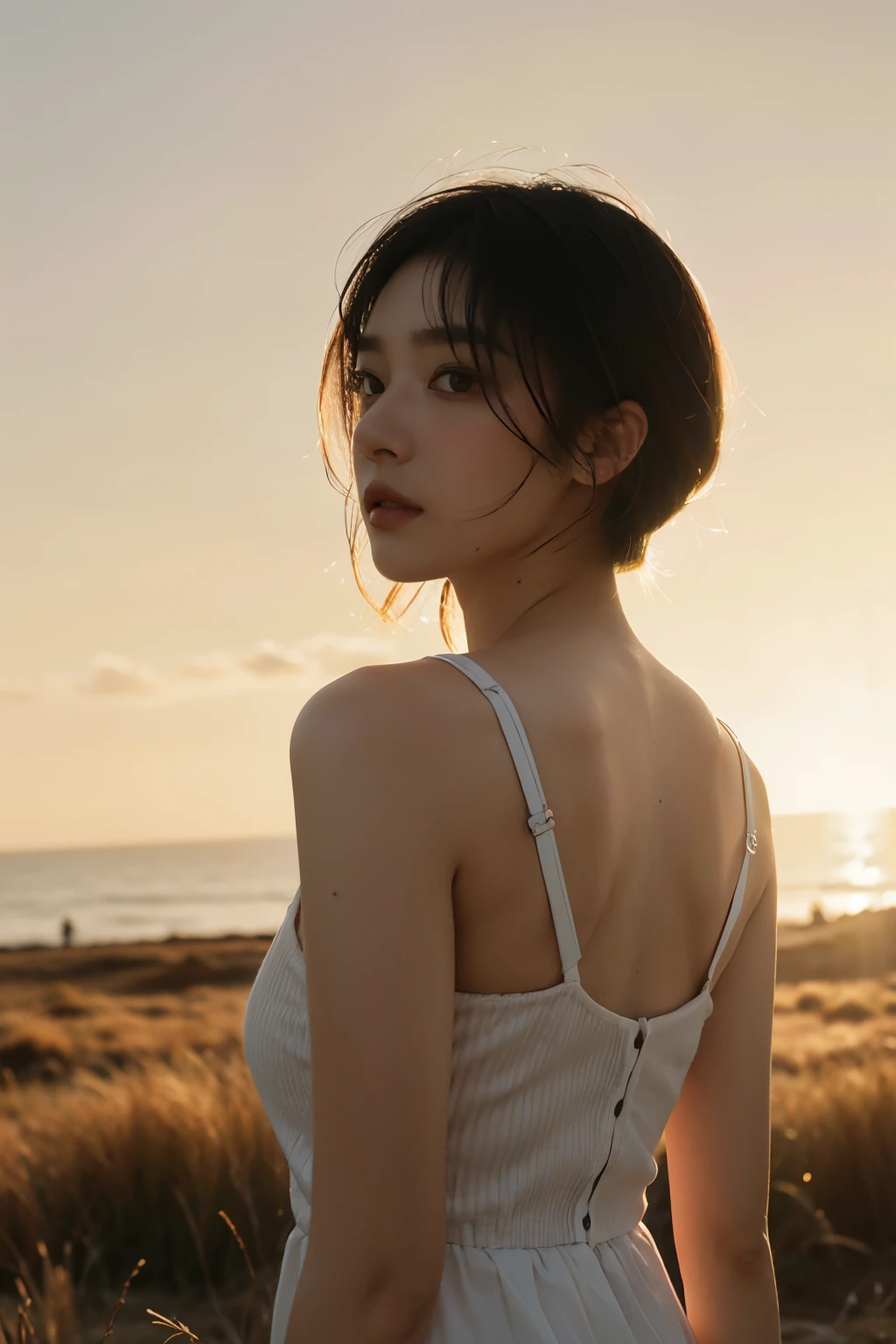 highest quality,masterpiece,ultra high resolution,realistic,RAW photo,unity 8k wallpaper, panorama, cinematic lighting, on the grass, sunset, dappled sunlight, golden hour lighting, Backlight, blurred background, (Lens flare), Wind, pastel colour, soft light, 1 girl,floating short hair, sad,Upper body,