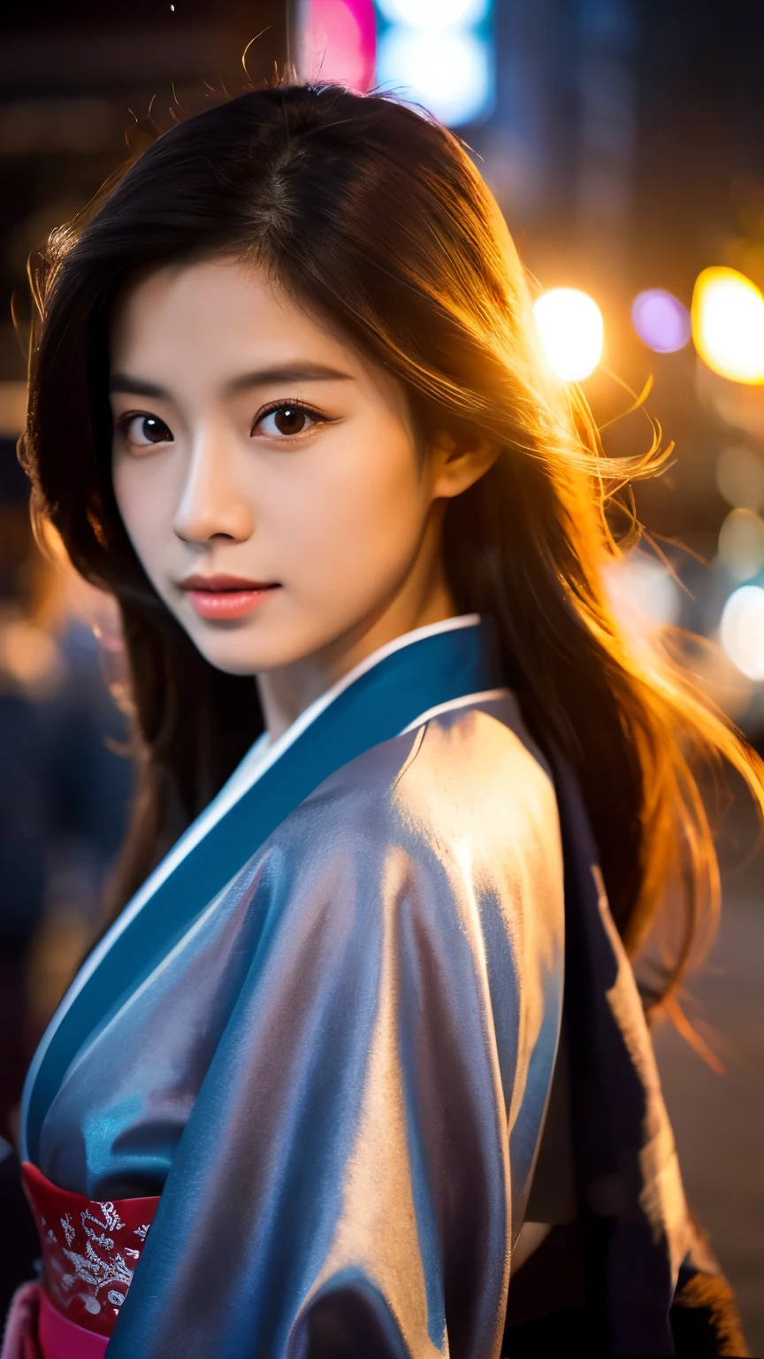 Beautiful Japanese supermodel woman, A lock of hair with slight highlights, black eyes, mixed media, Sexy，street background，Gorgeous kimono , Liquid color flows across her face, Sunset，Photo by Wang Luodan，god of wealth