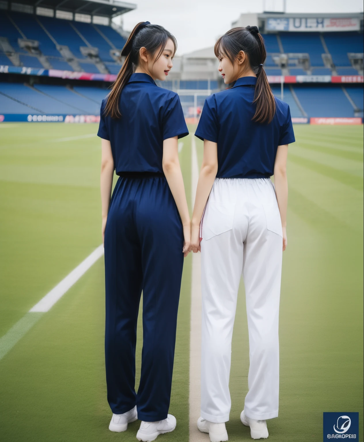 (best quality,10,10,height,Masterpiece:1.2),Special details,(realistic,ภาพrealistic,Realistic photos:1.37),1 cute girl on the football field,shiny, ผิวshiny,only,smile softly,BDclothelue shirt:1.3)),short sleeve,shirt, กางเกงขาlong.,(navy_long_track pants:1.1), ((stadium background:1.3)),Dynamic angle,excited,Face focus,dynamic poses,from behind,focus on ass,Masterpiece, best quality, ultra realistic, hyper-detail, 8K resolution, raw photos, Sharp focus, ((Navy blue shirt:1.1)), short sleeve, เส้นทางlong, perfect body, 2 mature women, 18 years old, Cinema-grade lighting system,blue sweatpants,shirtผ้าออกกำลังกาย,correct anatomy,perfect body, correct body, Sharp face, correct bodyทางกายวิภาค, full body, realistic gestures, long-haired, realistic poses,Wear long shorts................................,ช่วงขาlong,Good shape,carved girl, Slender figure, model, Good shape, beautiful body,blue sweatpants, two girls kissing