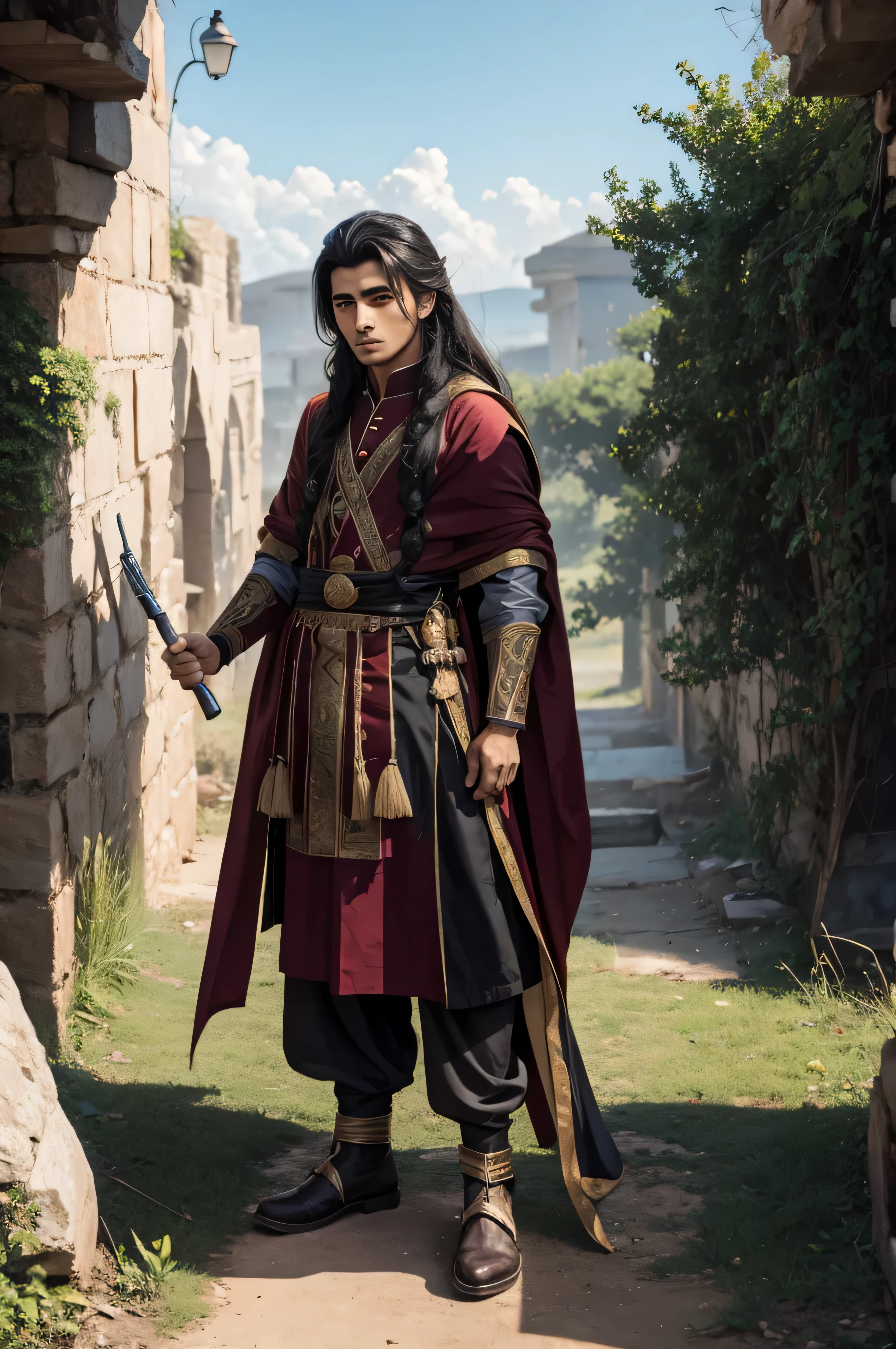 Talha in the battle, eastern suit, long hairs,