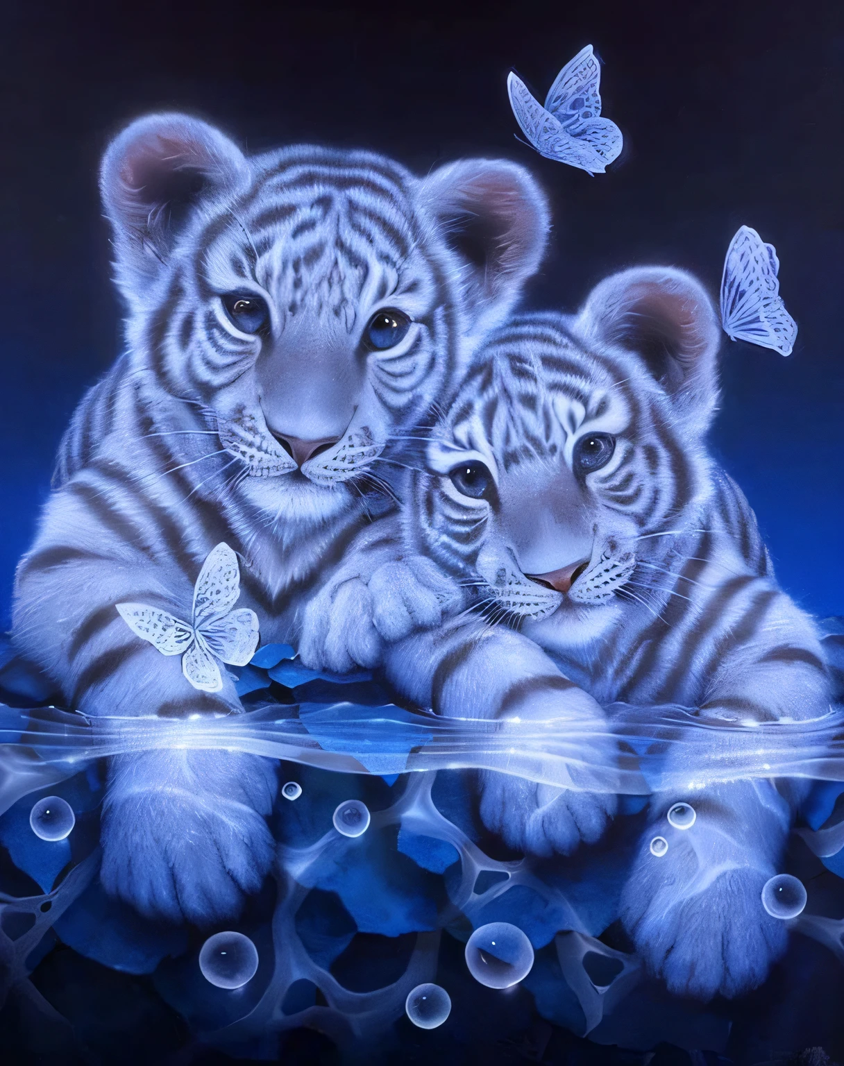 painting of two white Tigres with butterflies in the background, beautiful detailed animals, Tigres, Lisa Parker, 240p, par Lisa Frank, couple ju lian, John Banovich, tigre blanc, papillons bleus brillants, 3 0, beaux yeux blancs brillants, Leslie David et Lisa Frank, jumeaux, beaux yeux bleus brillants, par Li Keran, beautiful neon cats