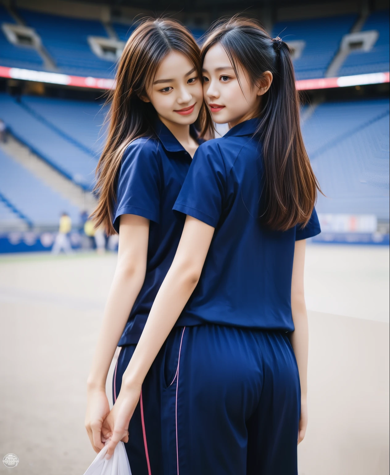(best quality,10,10,height,Masterpiece:1.2),Special details,(realistic,ภาพrealistic,Realistic photos:1.37),1 cute girl on the football field,shiny, ผิวshiny,only,smile softly,BDclothelue shirt:1.3)),short sleeve,shirt, กางเกงขาlong.,(navy_long_track pants:1.1), ((stadium background:1.3)),Dynamic angle,excited,Face focus,dynamic poses,from behind,focus on ass,Masterpiece, best quality, ultra realistic, hyper-detail, 8K resolution, raw photos, Sharp focus, ((Navy blue shirt:1.1)), short sleeve, เส้นทางlong, perfect body, 2 mature women, 18 years old, Cinema-grade lighting system,blue sweatpants,shirtผ้าออกกำลังกาย,correct anatomy,perfect body, correct body, Sharp face, correct bodyทางกายวิภาค, full body, realistic gestures, long-haired, realistic poses,Wear long shorts................................,ช่วงขาlong,Good shape,carved girl, Slender figure, model, Good shape, beautiful body,blue sweatpants, two girls kissing