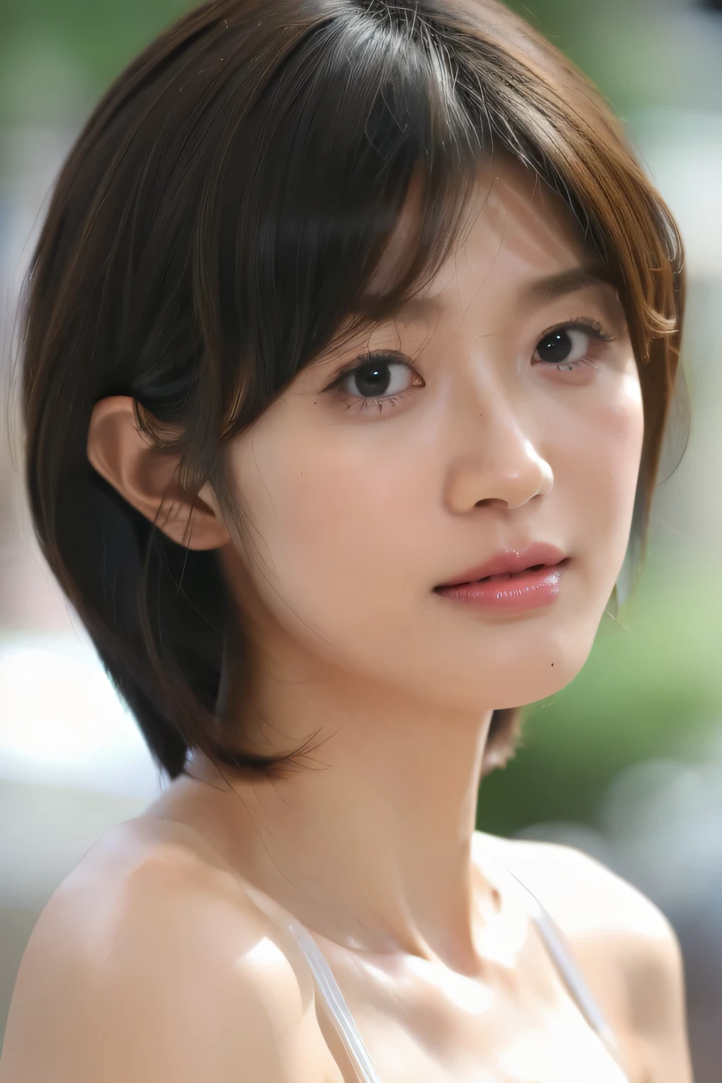NSFW:1.3:((highest quality、8K resolution、master masterpiece、portrait:1.3)), Photoreal, 35mm film, mature woman:1.5,daytime, wrinkles around the eyes,wrinkles around the mouth,pixie cut_boyish,((fancy white bra_panties:1.3)) , (outdoors_city street: 1.3), jumbled background,look at the audience,(Tokyo cityscape:1.3), whole body,smile