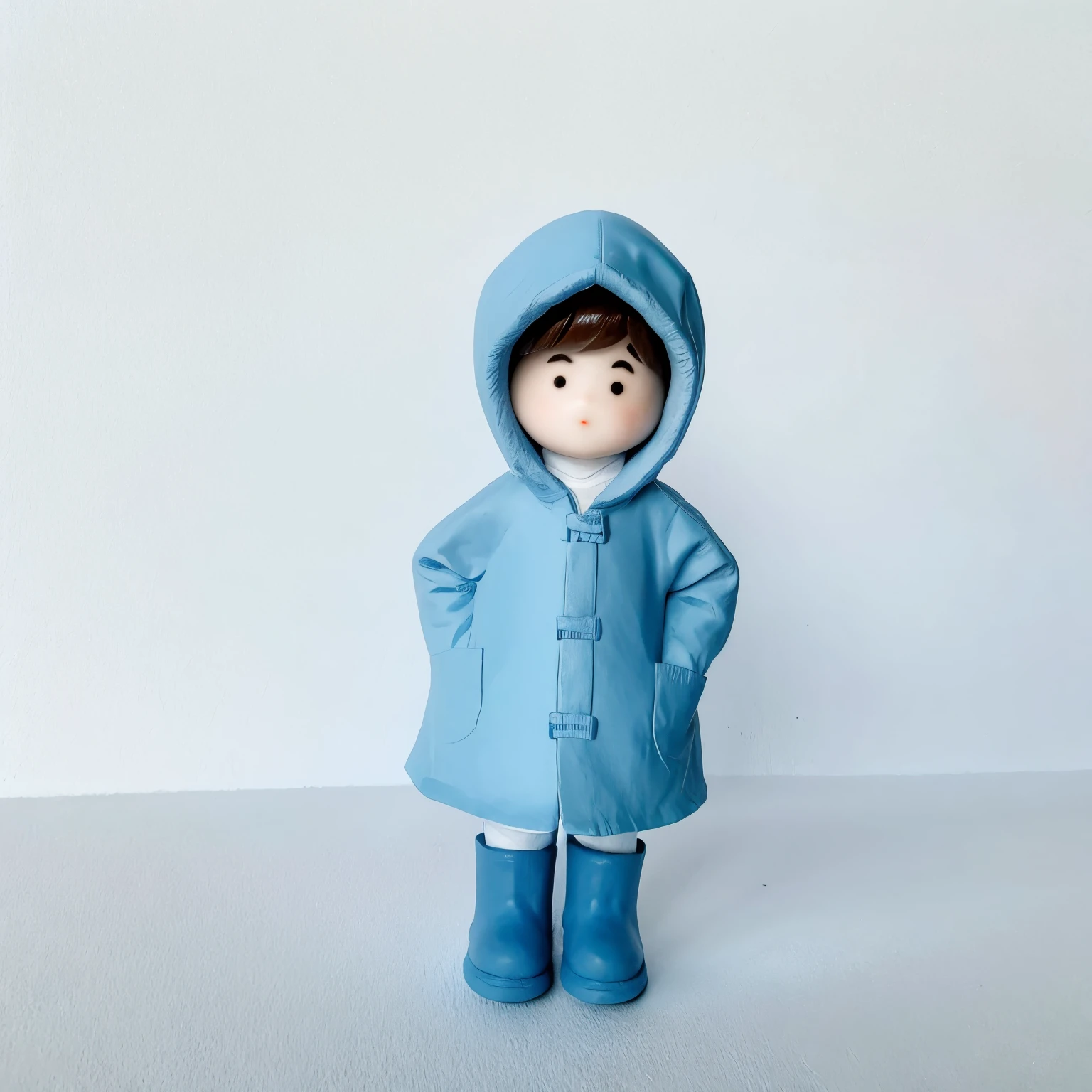 (masterpiece, best quality:1.2),micro landscape，outdoor on grass，heavy snow，1 miniature cartoon character, alone， hands in pockets，Wear a hat、wearing rain coat,Blue rain boots,  mini，Brilliant lights，outdoor background，colorful，