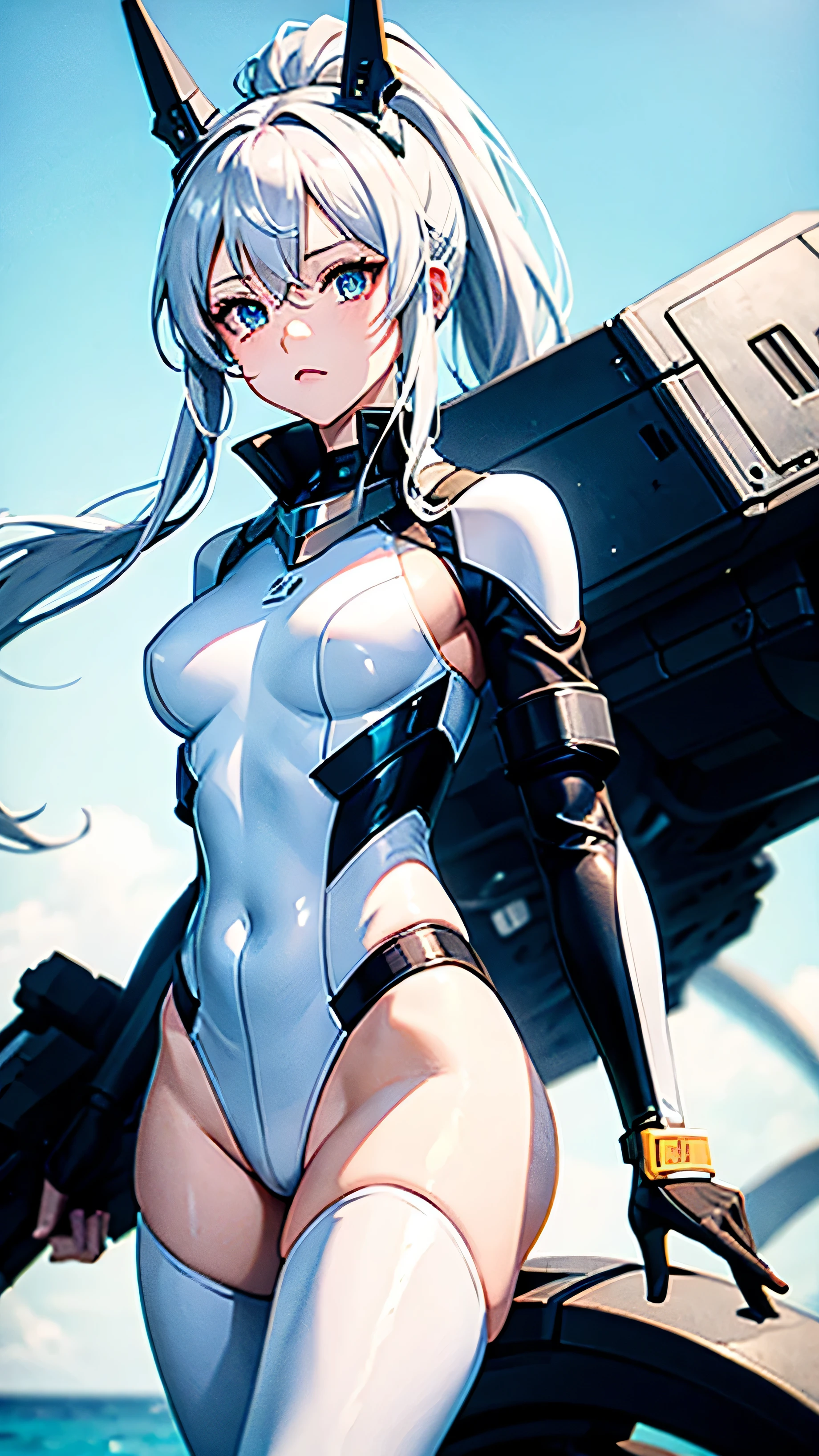 White single ponytail,White single eye mask,sea blue pupils,side hair twisted braid,EVA black and white tight suit,Golden crystal hanging around the neck,girl,There is an EVA mecha beside me