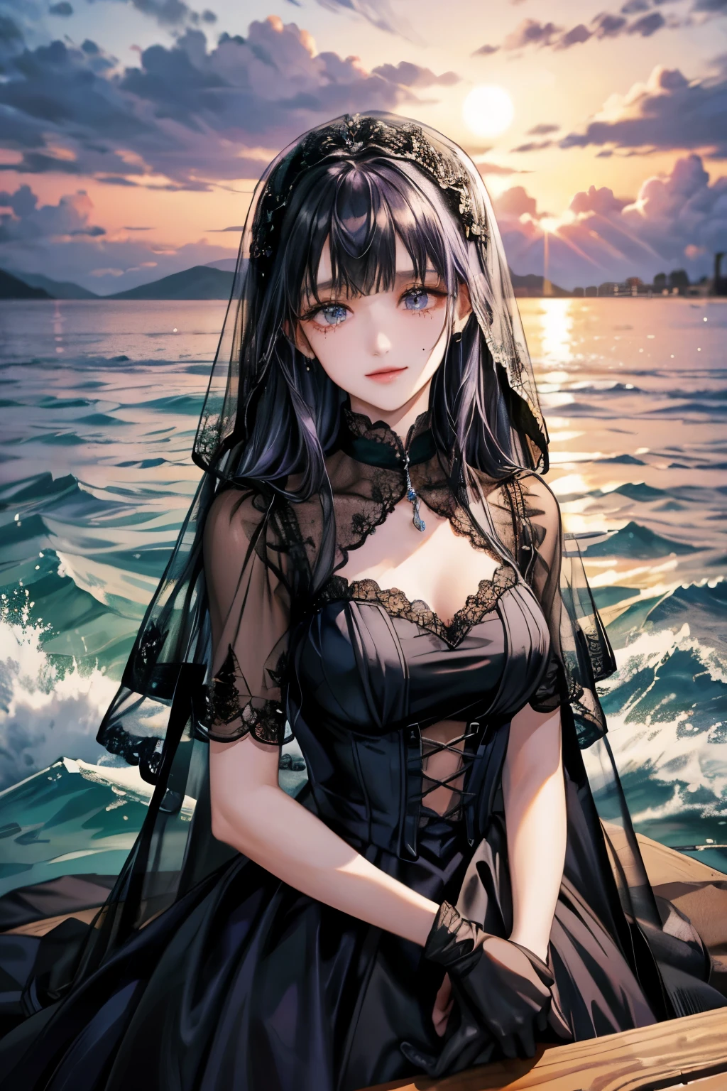 Ocean、droopy eyes、smile、17 year old female、Woman in black dress、((long hair girl))、ぱっつんbangsの女性、detailed face、((best image quality))、gloves、lace purple dress、veil、Ocean辺、Black and purple clothes、1 woman、alone、hair arrangement、bangs、beach、mole、mole、arms