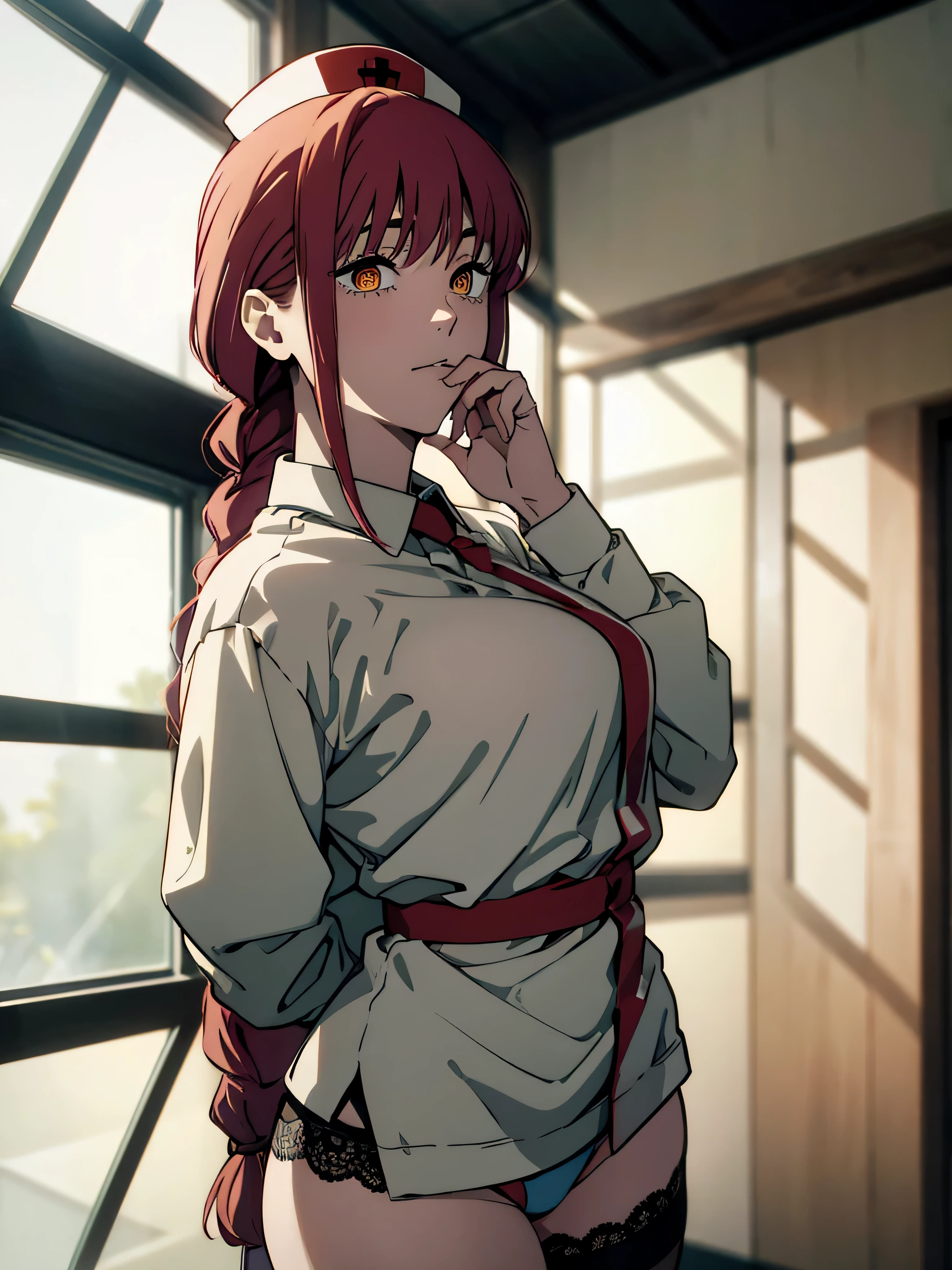 masterpiece, highest quality, super detailed, ultra high resolution, realistic, 4k, 8k, highest quality, masterpiece, best image quality, Super detailed, ultra high resolutionolution, realistic描写, anime, comics, chainsaw man, hand, cute nurse girl, patient care in hospital, with red hair and braids,white nurse uniform, she is wearing a lace bra , Has yellow and spiral eyes, sexy body, nurse cap, Lace mesh stockings also available、 , big breasts, ((throw))masterpiece, Good resolution, multiple poses ,hand\(chainsaw man\)throw breasts grab, ((完璧なhand ))