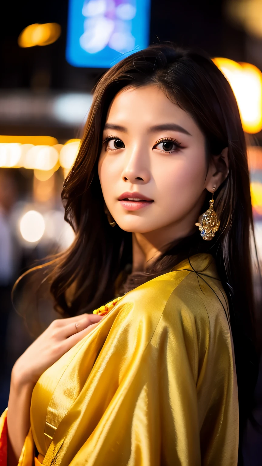 Beautiful Japanese supermodel woman, A lock of hair with slight highlights, black eyes, mixed media, Sexy,street background,Gorgeous kimono , Liquid color flows across her face, Sunset,Photo by Wang Luodan,god of wealth