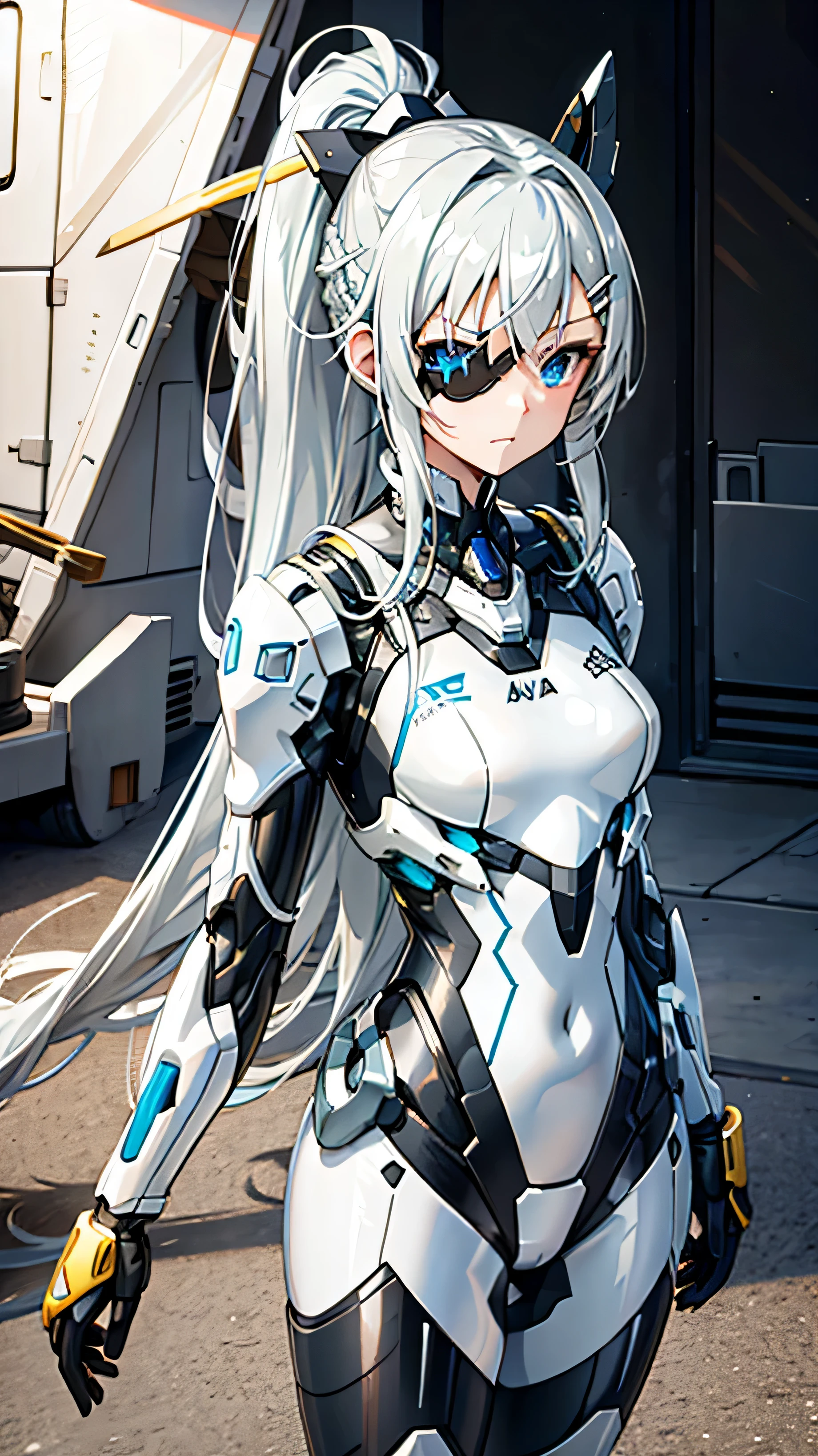 Silver gray single ponytail，White eye patch on the right eye，sea blue pupils，side hair twisted braid，EVA black and white tight suit，Gold jewelry around the neck，black hairpin，girl，Princess，There is an EVA mecha behind him