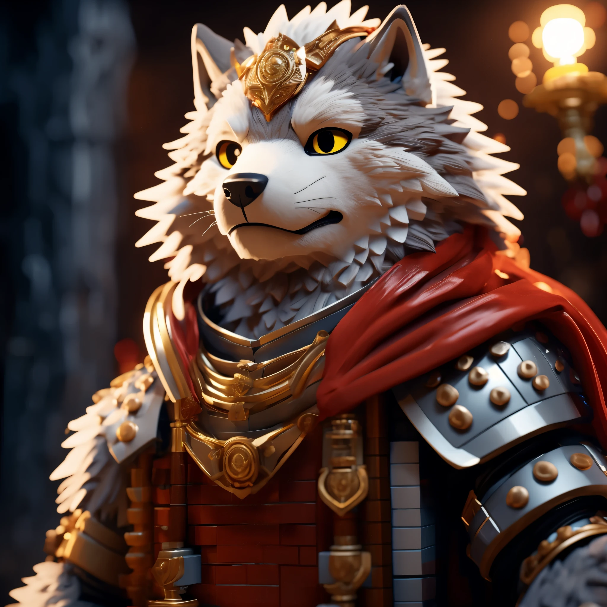 absurdres, (ultra detailed), sharp focus, niji, eyesgod, black eye, furry, light-white fur, brown fur, white beard, anthro (wolf), male, middle-aged, gray body, white belly, muscular, knight costume, long red cherry cloak, ultra detailed face, depth of field, high details, high quality, award winning, HD, 16k, (best quality,4k,8k,highres,masterpiece:1.2),ultra-detailed,realistic:1.37,HDR,UHD,extreme detail description,professional,vivid colors,bokeh,lively atmosphere, (close up:1.5), ((chibi character)), (chibi:1.2), ((lego:1.3)), ((reallistic)), cute, by takemoto arashi, by kamyuel, by milkytiger1145, (white background), (+++upperhead shot:1.4), detailed face