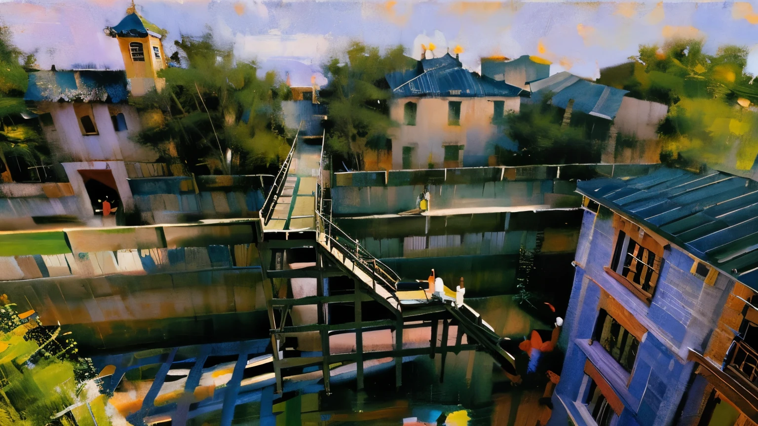 有一条木制走道通往a building with a bell tower, architectural rendering, surreal, looks very realistic, Exquisite light and shadow,a building with a bell tower, conceptual, conceptual 渲染, Pedestrian bridge on the road, wall,Aerial View, wooden overpass,neoclassical architecture, scenograph, Detailed rendering, wooden platform, high quality,oil paint strokes,oil painting style,Impressionism,sunset,exquisite tiles,View in the distance,trees,passers-by,green wall,street,