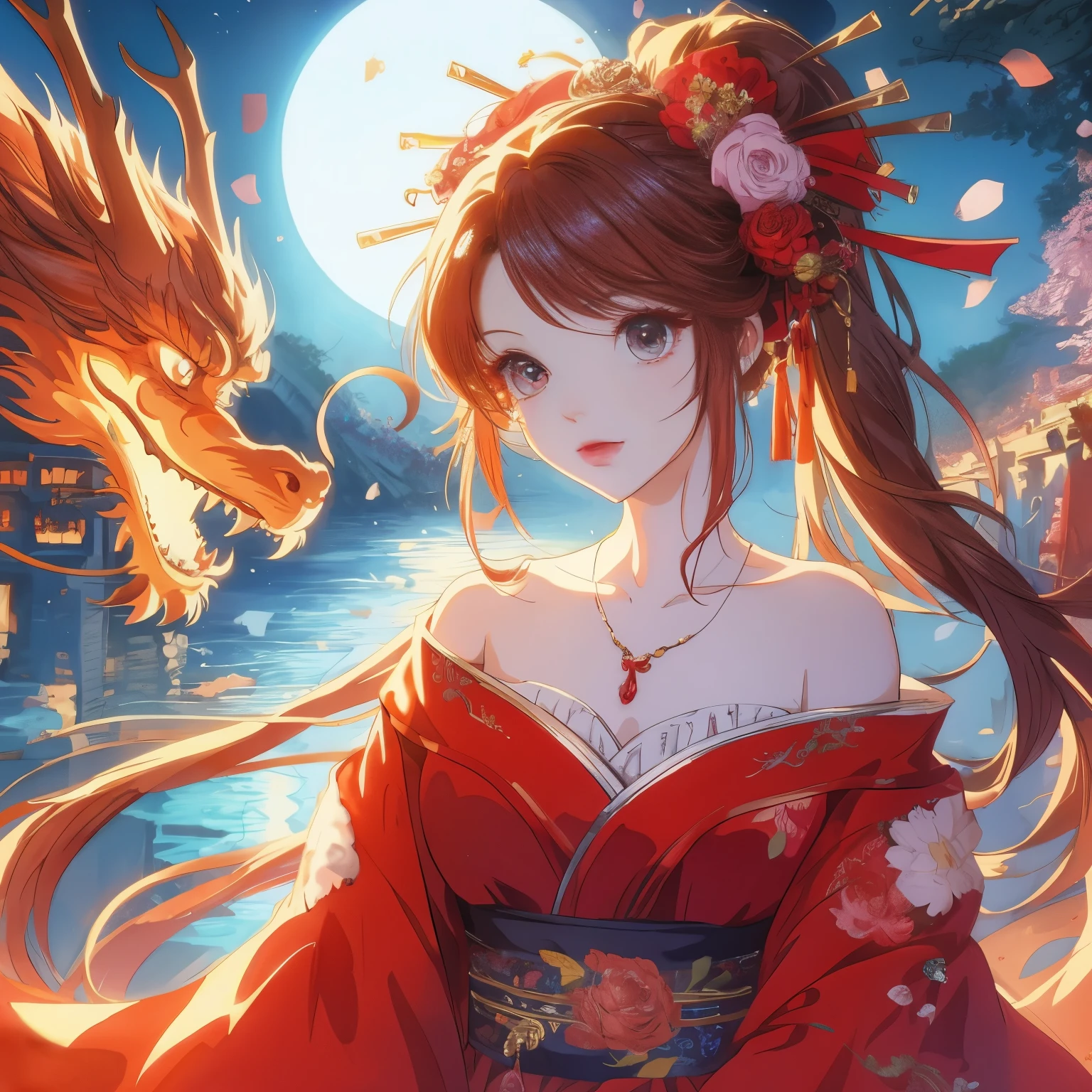 anime girl，long hair，red dress，Dragon in the background, anime style 4k, Anime Art Wallpaper 4k, anime art wallpaper 4k, anime art wallpaper 8k, anime wallpaper 4k, anime wallpaper 4k, 4k anime wallpaper, Anime fantasy artwork, HD anime wallpaper, 4k comic wallpaper, Beautiful anime style