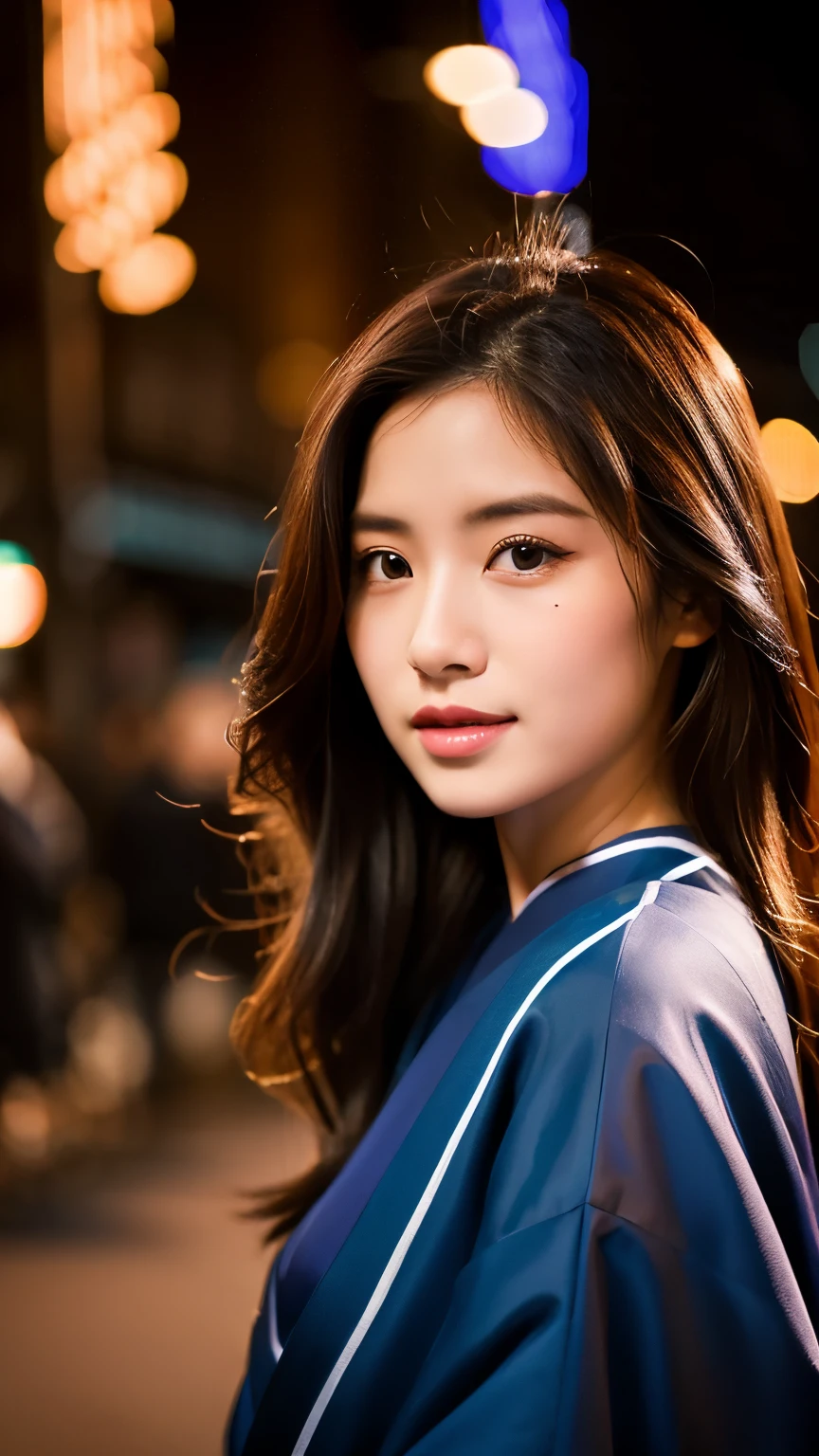 Beautiful Japanese supermodel woman, A lock of hair with slight highlights, black eyes, mixed media, Sexy,street background,Gorgeous kimono , Liquid color flows across her face, Sunset,Photo by Wang Luodan,god of wealth